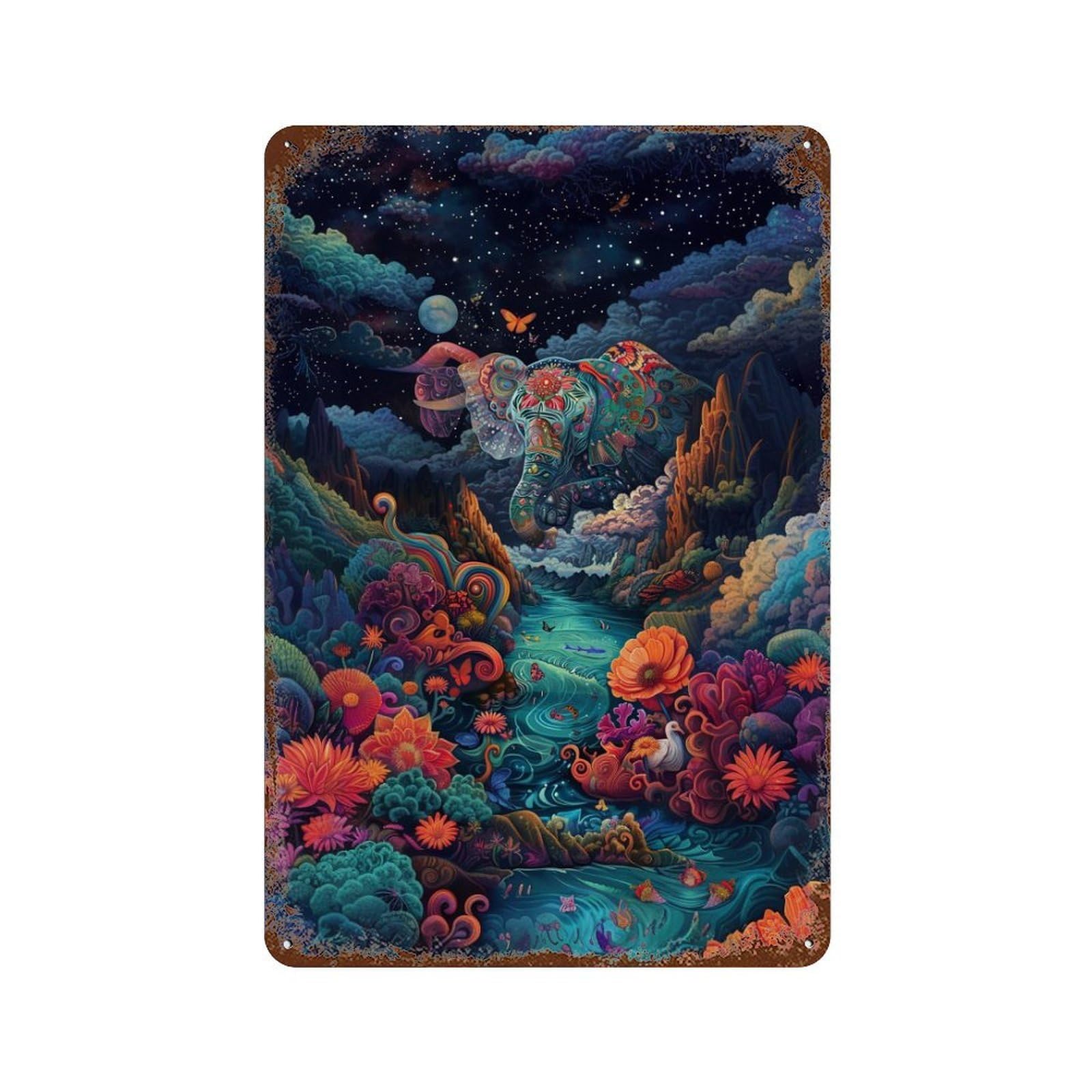 Fantasy Forest with Elephant Rust Effect Tin Sign 11.8"x7.9", Industrial Home Decor for Basement, Hobby Room And Garage Decor