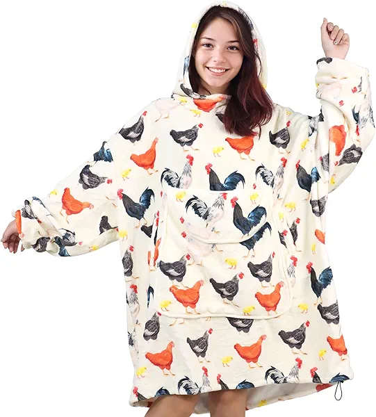 OHOIT Chicken Wearable Blanket Hoodie for Women - Funny Hooded Blanket with Oversized Pocket - Chicken Decor Gifts for Women Cozy Cute Sweatshirt Blanket with Sleeves Rooster Birthday Gifts for Mom