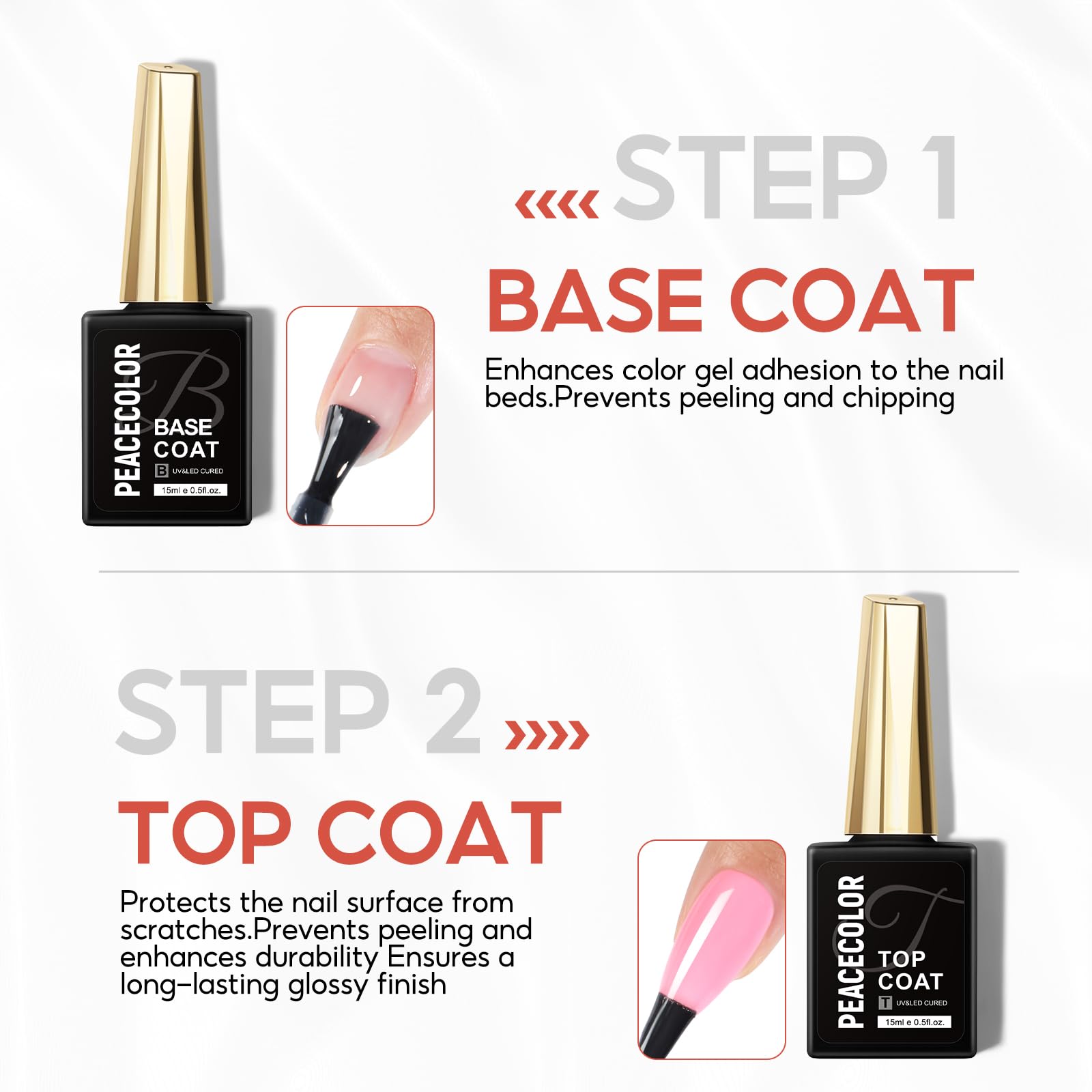 PEACECOLOR 15ML Base et Top Coat Vernis Semi Permanent Soak-Off UV/LED Gel UV No Wipe Top Coat et Base Coat pour Manucure DIY Home