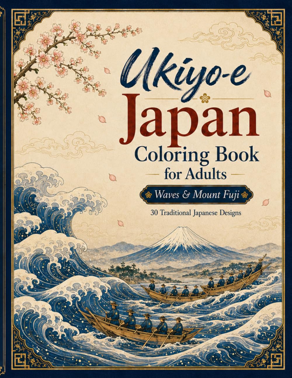 Ukiyo-e Japan Coloring Book for Adults: Waves & Mount Fuji: 30 Traditional Japanese Designs