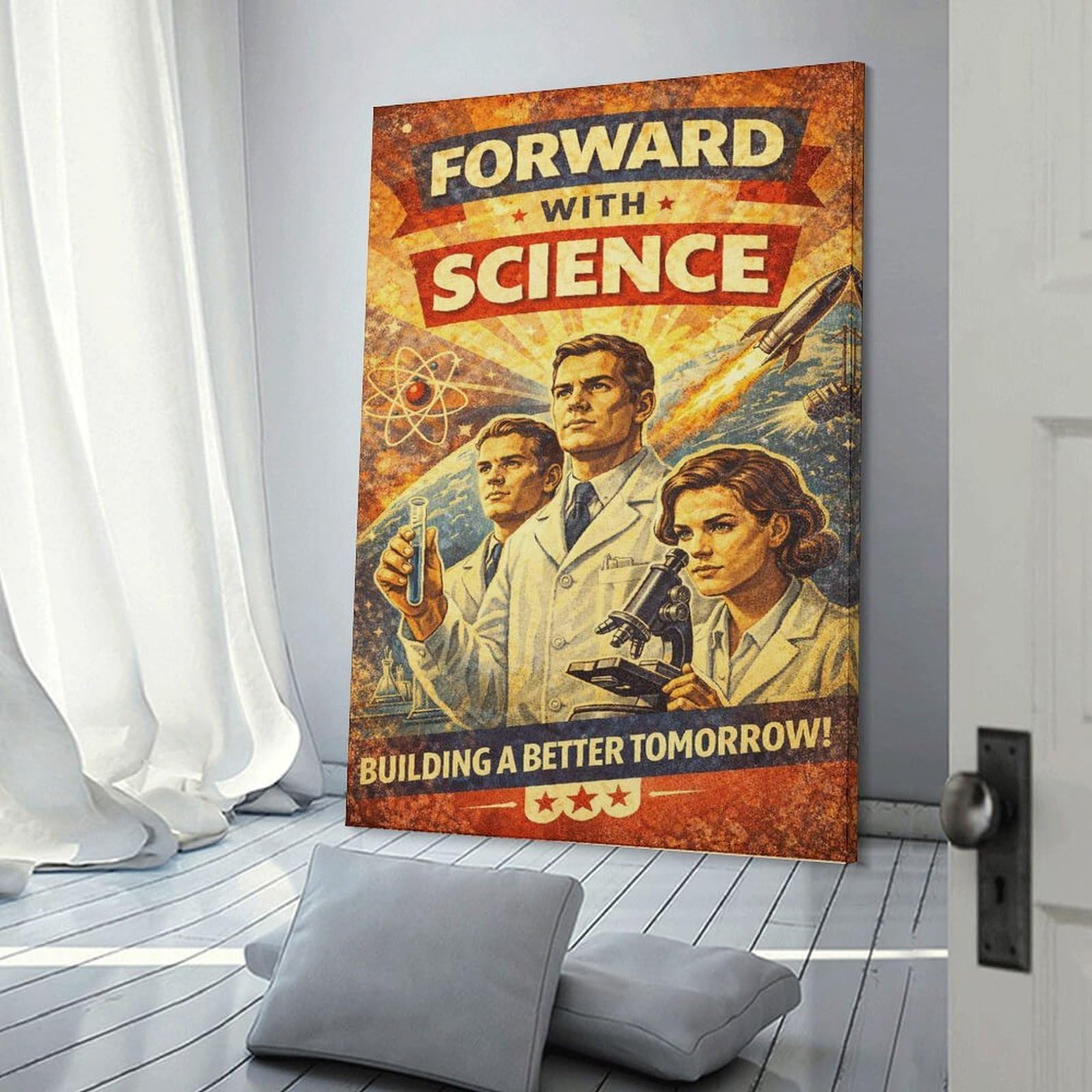 Junmoney Forward with Science Vintage Wall Decor Canvas Print, 20x30inch(50x75cm), for Living Room, Bedroom, Office Or Hallway, Stylish Home Artwork for Focal Walls