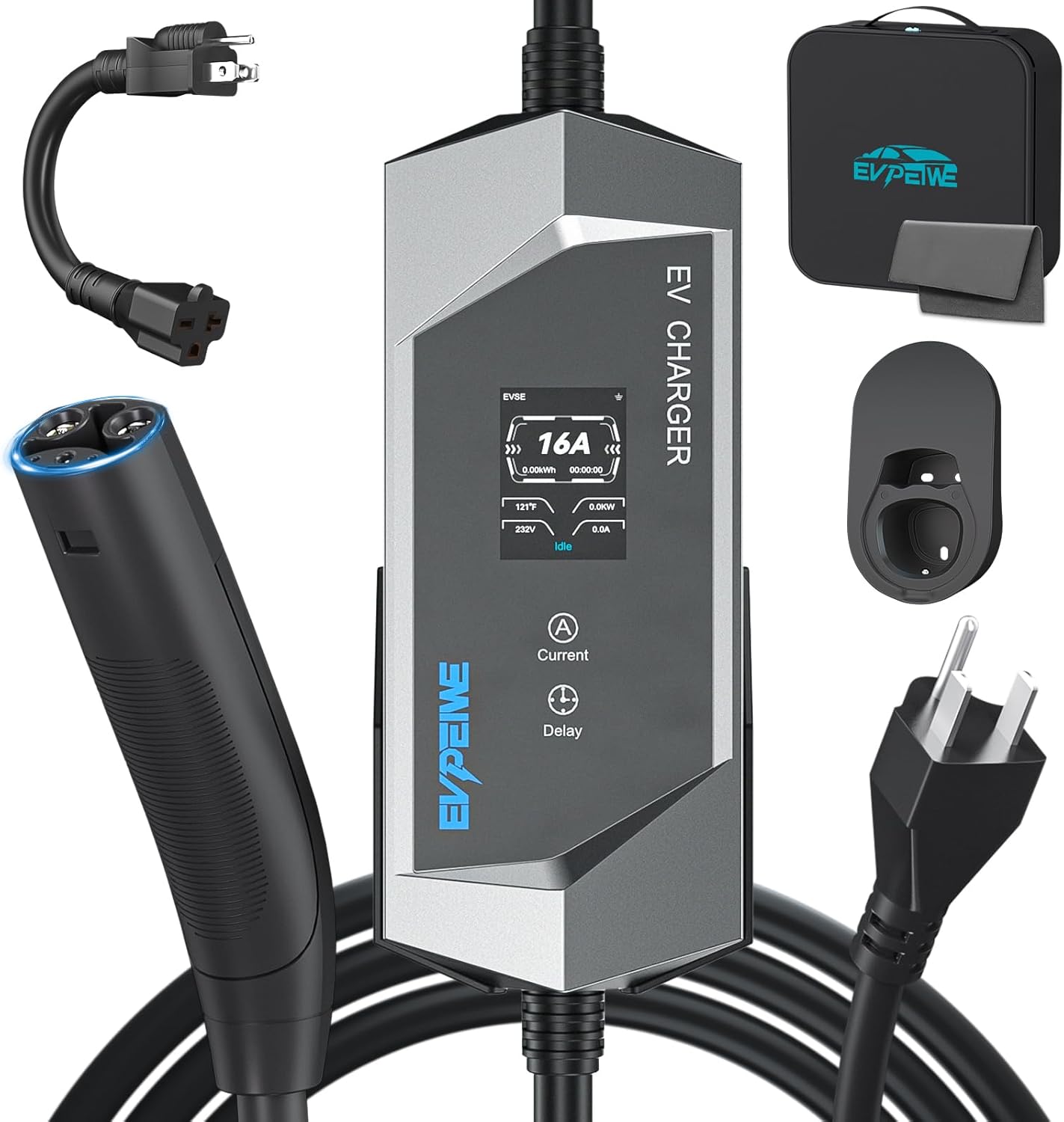 Level 1/2 EV Charger for Tesla, 32A Electric Vehicle Charger for Tesla with NEMA 14-50 Plug & 5-15 Adapter, 25ft Home Portable NACS Wall Charger Compatible with Model 3/Y/X/S/Cybertruck