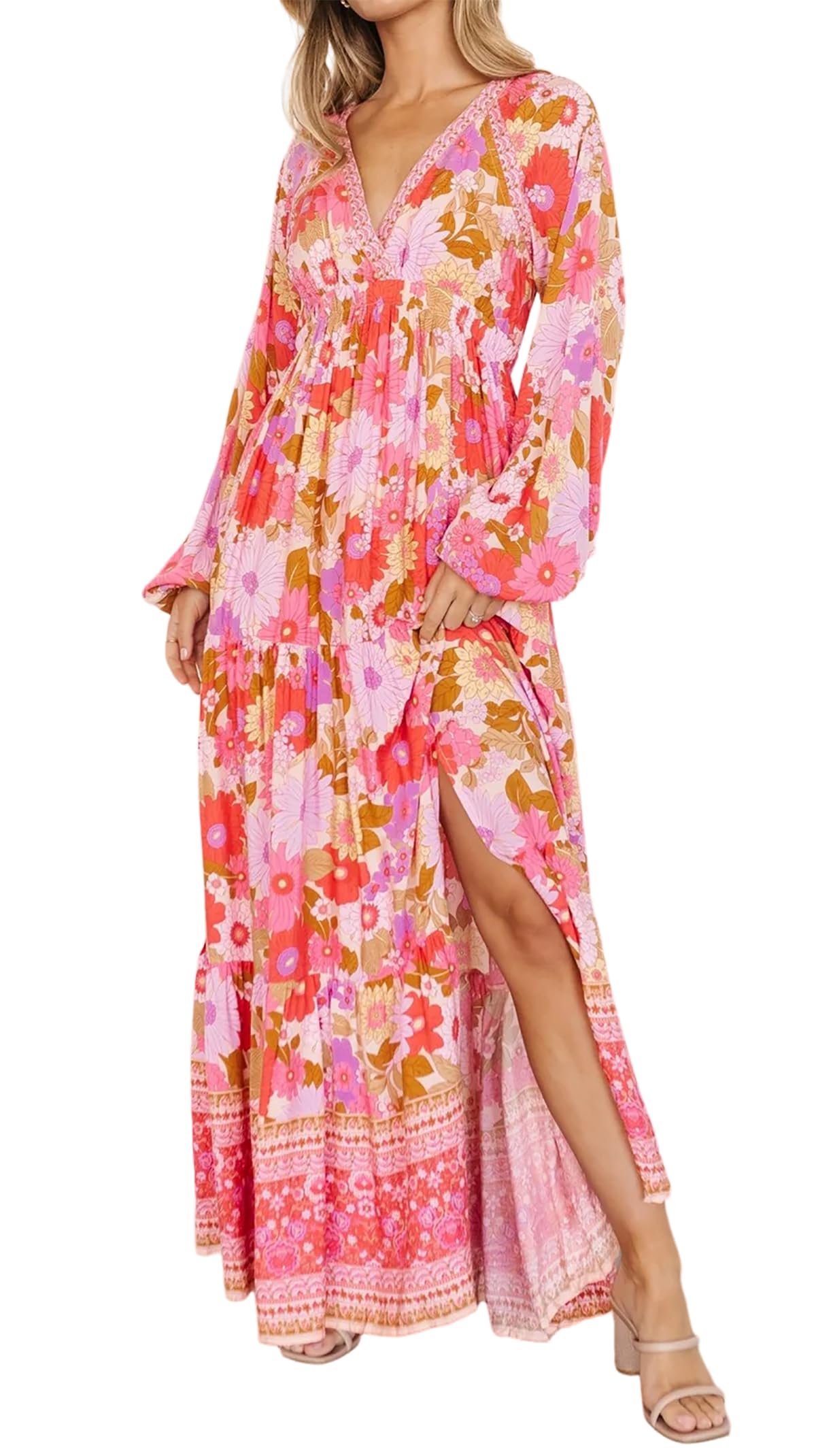 R.Vivimos Women's Boho Floral Print Maxi Dress V Neck Long Sleeve Elastic Waist Casual Flowy Slit Long Sundress
