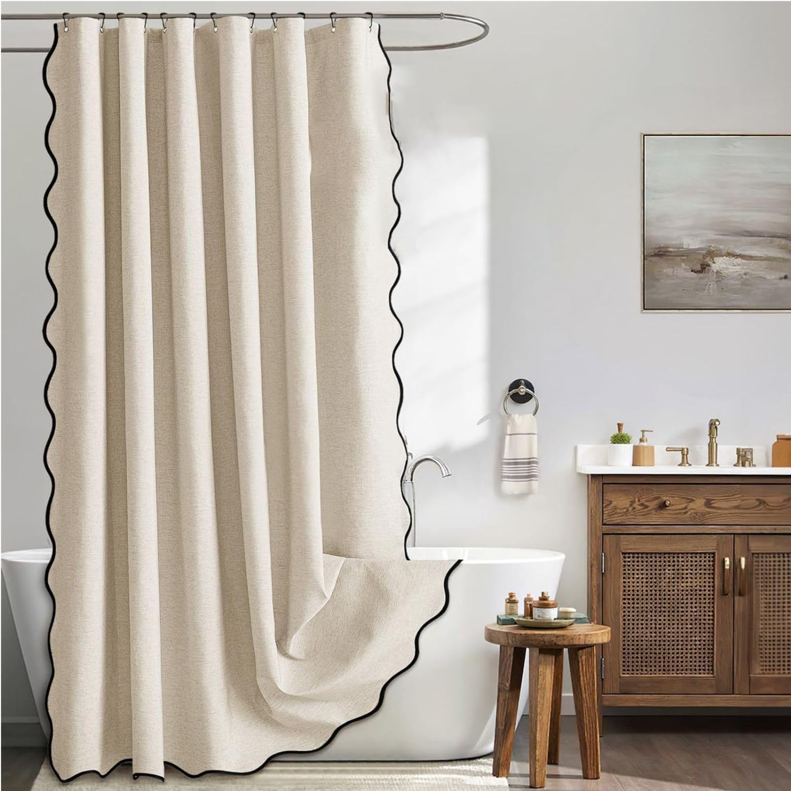 Linen Shower Curtain With Scalloped Edge,Waterproof Bathroom Curtains