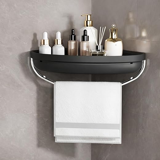 KREPS Plastic Bathroom Shelf Organizer,Self Adhesive No Drill Shower Shelf Easy Installation, Wall Mounted Shelf, With Towel Napkin Holder With Hook For Bathroom And Kitchen (Corner, Black)