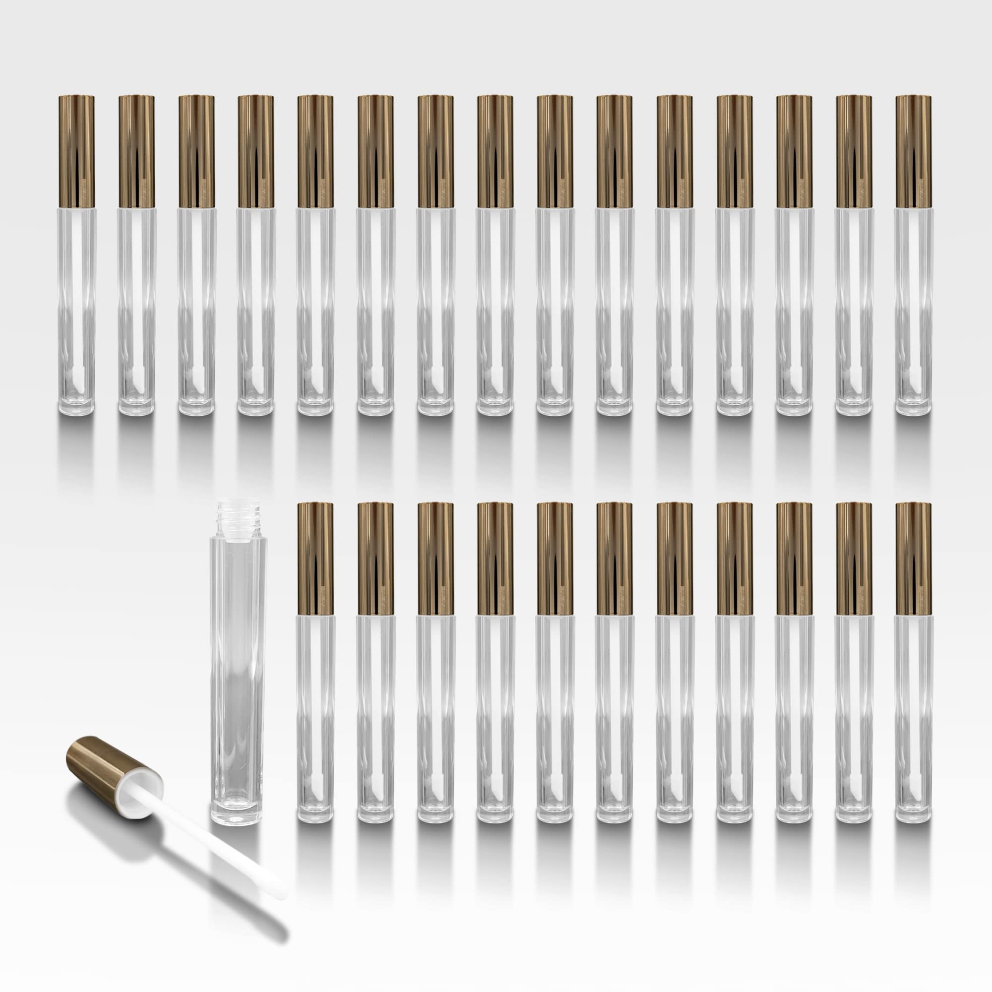 Cosmetic Packaging Now Vibe Clear Lip Gloss Tubes w Shiny Gold Cap Doe Foot Wand Carton - 336