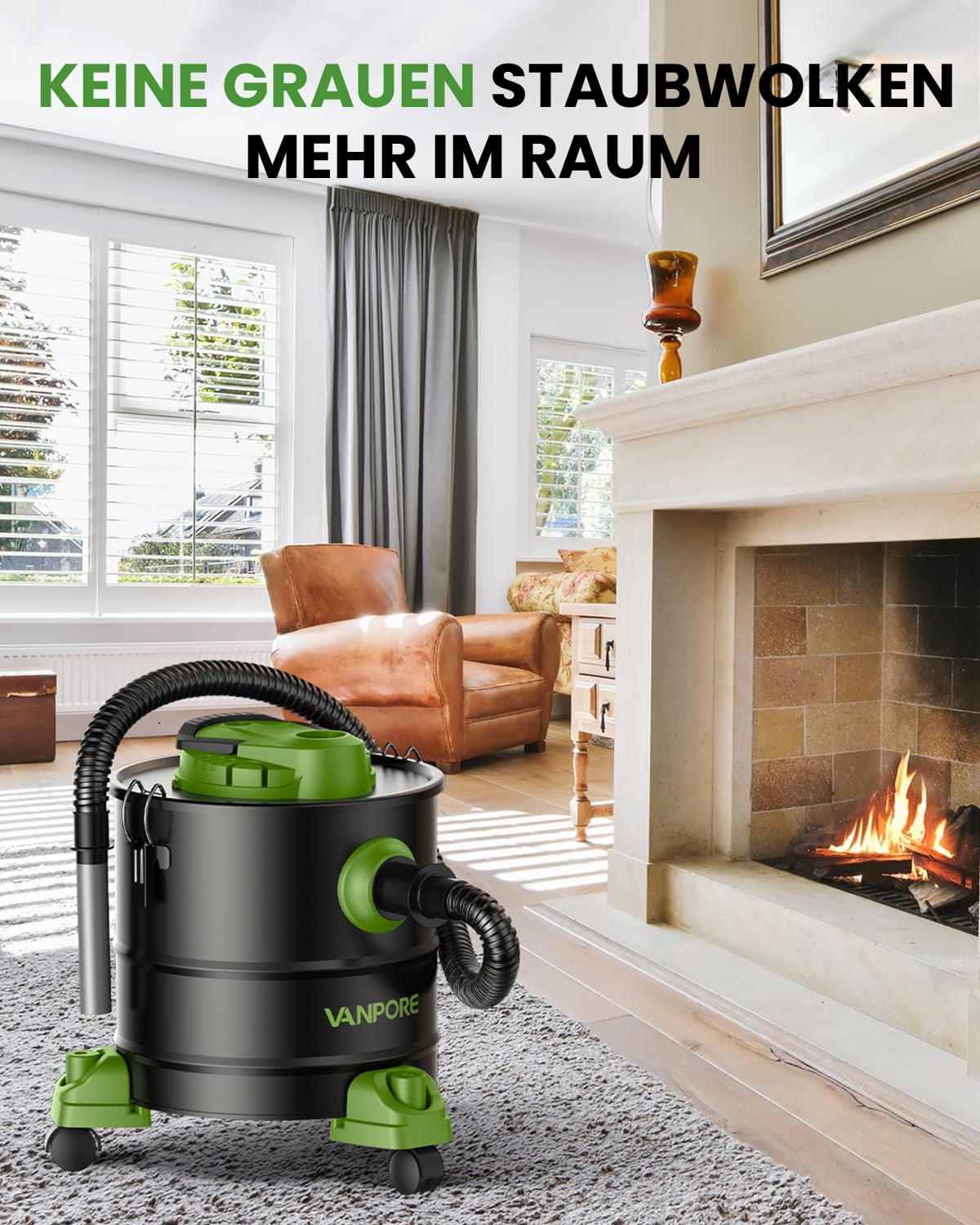 Aschesauger, 5,2 Gallonen, mit 1200 W Saugleistung, Fahrgestell, Aschesauger für Pelletöfen, Kamine, Grill, Holzofen, Feuerstellen, Grün