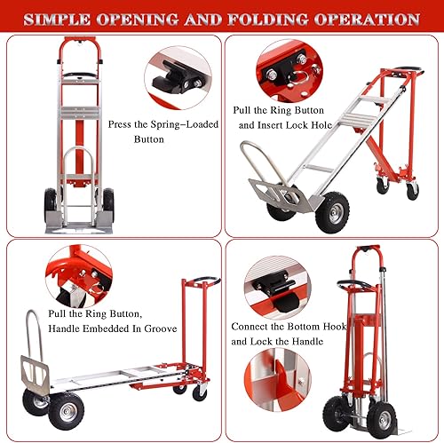 Miniatura 5 de Camión de mano industrial 3 en 1 de aluminio, carretilla de mano convertible, capacidad de 1000 libras, camiones de mano resistentes con ruedas