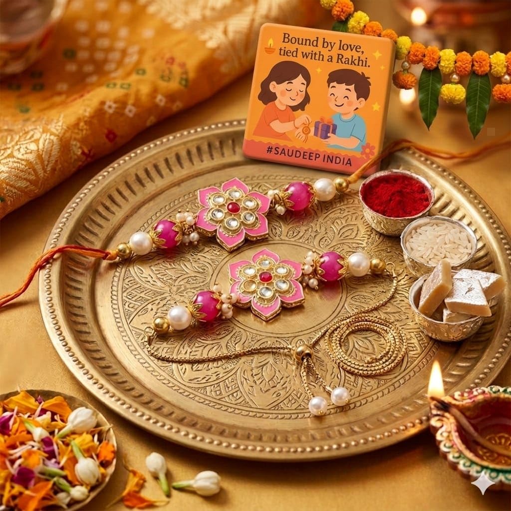 SAUDEEP INDIA Decorative Fridge Magnet for Refrigerator Decor with Free Lumba Rakhi Set for Bhaiya Bhabhi | Raksha Bandhan Gift Magnet | Cotton Thread Rakhi Accessory
