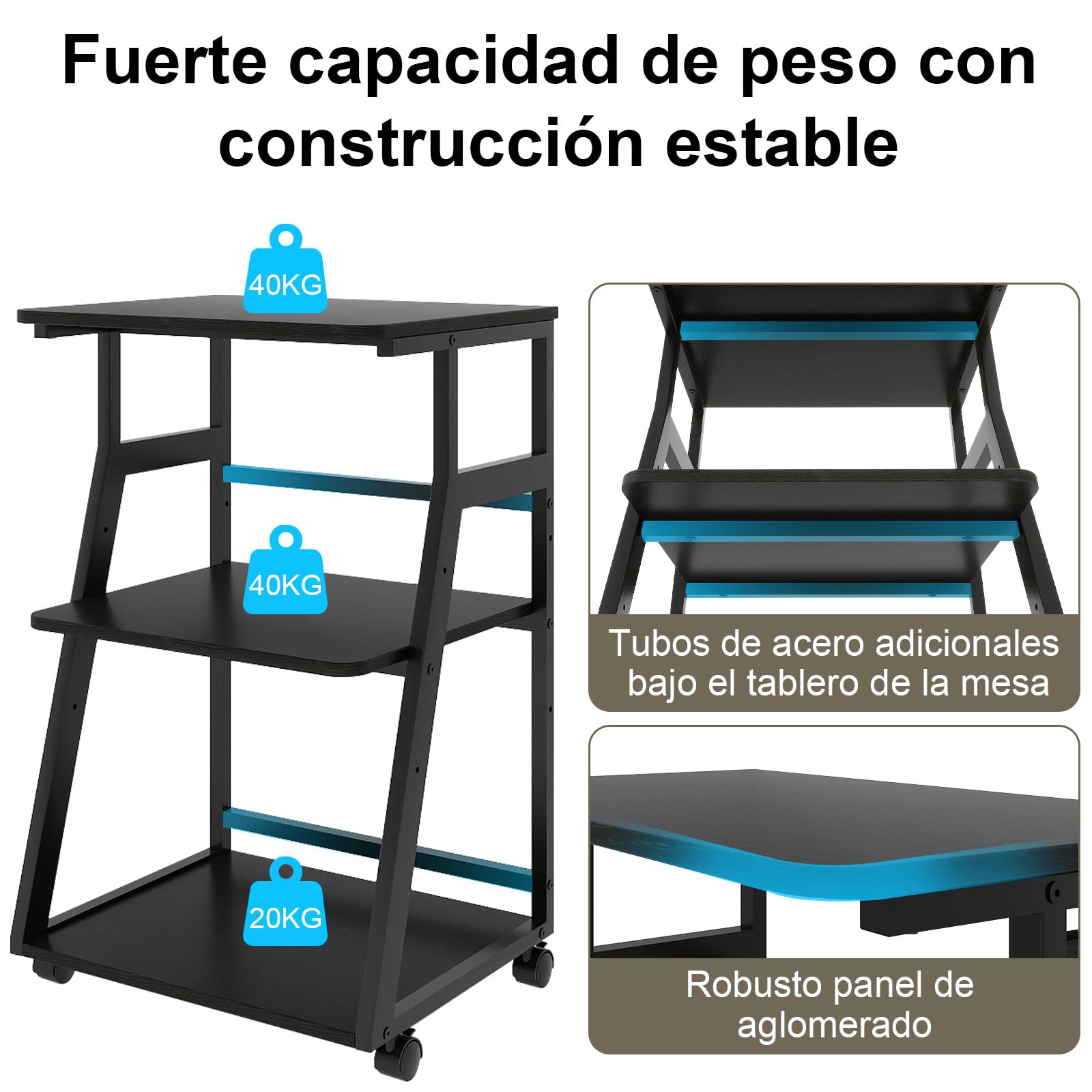 PUNCIA Soporte para Impresora con Ruedas Carrito de 3 Niveles Ajustable 50x40cm Estantería de Madera y Metal para Impresora Fotocopiadora Escáner Mueble Organizador de Oficina Negro
