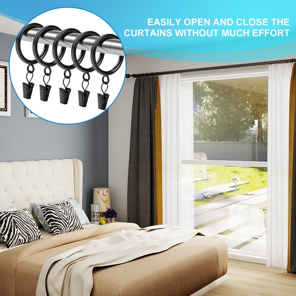 Lot de 24 anneaux de rideau avec clips - Diamètre intérieur : 3,8 cm - Convient pour une tringle jusqu'à 3,1 cm - Noir