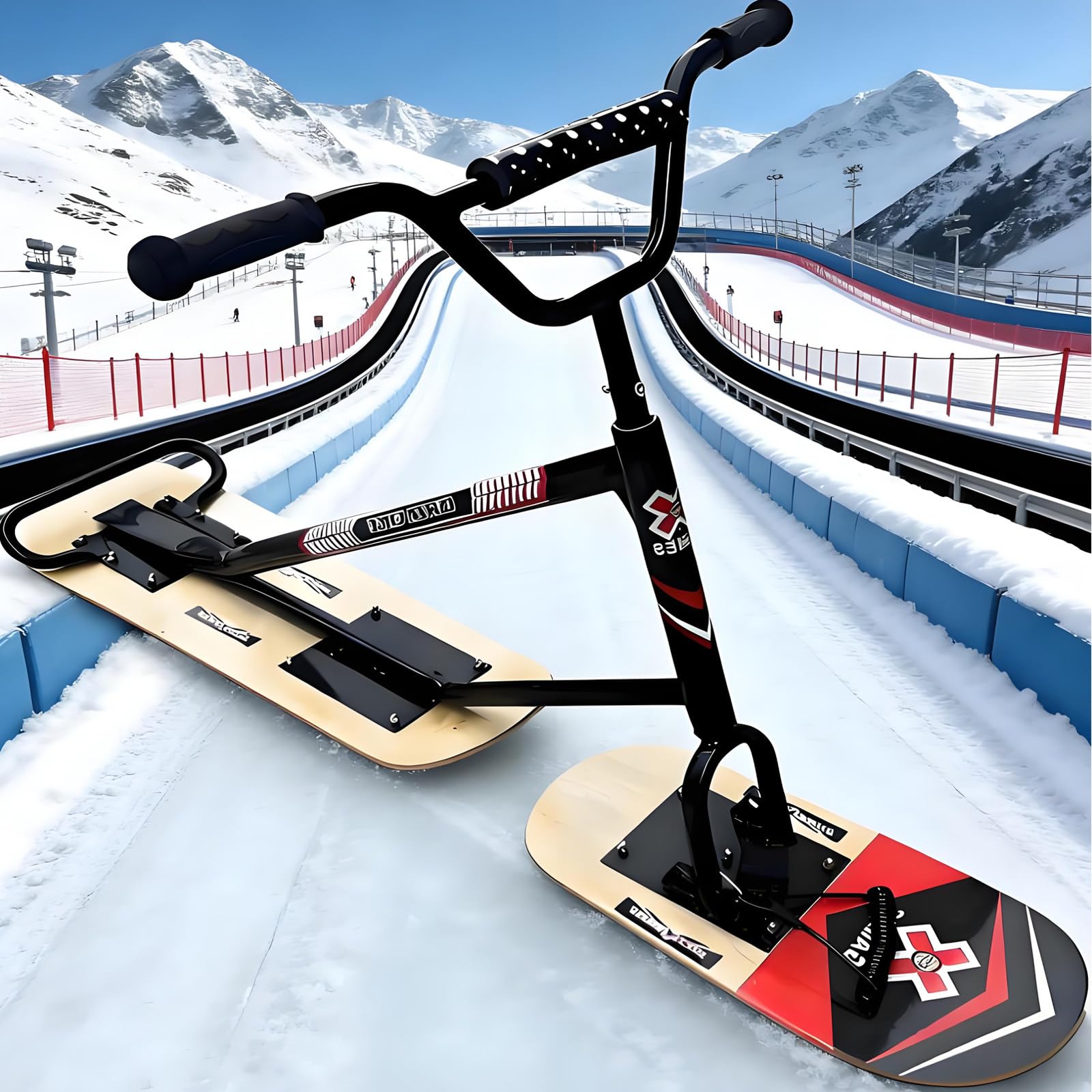 Lightweight Snow Scooter for Kids and Adults,5-Layer Reinforced Wooden Boards,360° All-Terrain Snow Skis,Handheld Snowboard Sled Wood