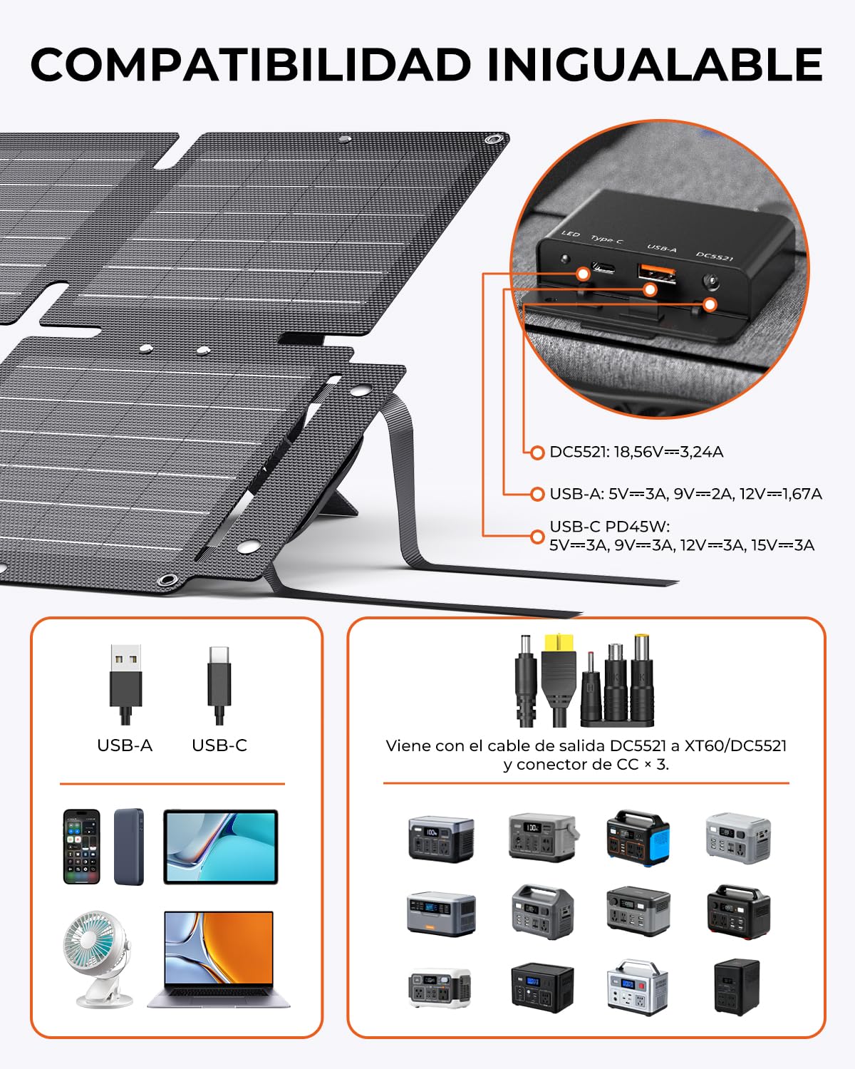 BigBlue Cargador Solar Plegable de 60W, ETFE Panel Solar Portátil QC3.0+PD45W+Salida de CC de 22,2V 【IP68 Resistente al Agua y Soporte】 para Acampada, Compatible con Celular Tableta Generador Solar