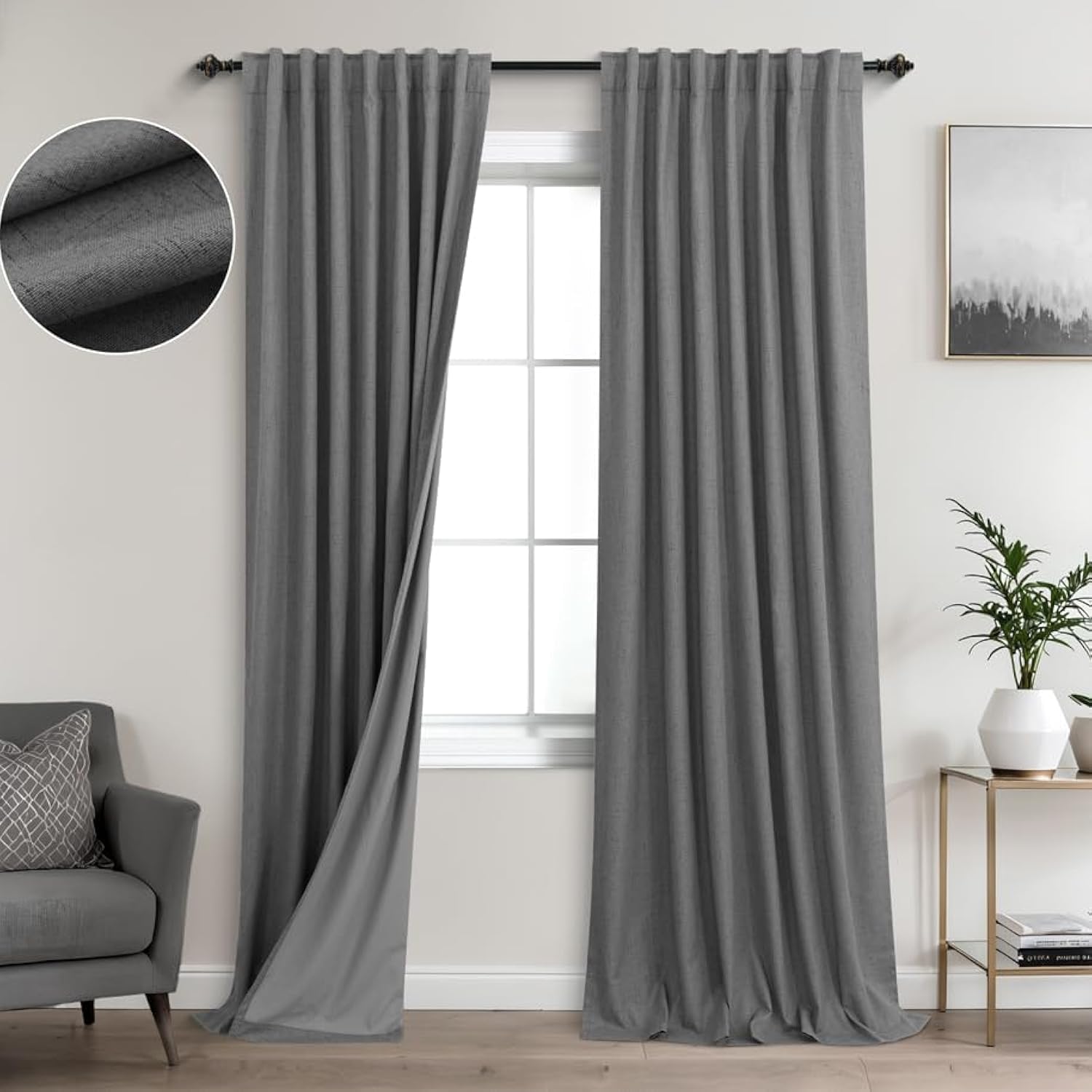 KOUFALL Grey Back Tab Linen Blackout Window Curtains for Living Room 52 by 96 Inch Length — image 1