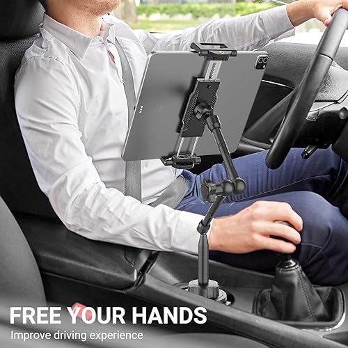 Miniatura 6 de Soporte para tablet de automóvil para portavasos de metal, brazo largo de 360, rotación de 360, para caminadora de golf, funda de grosor de ajuste