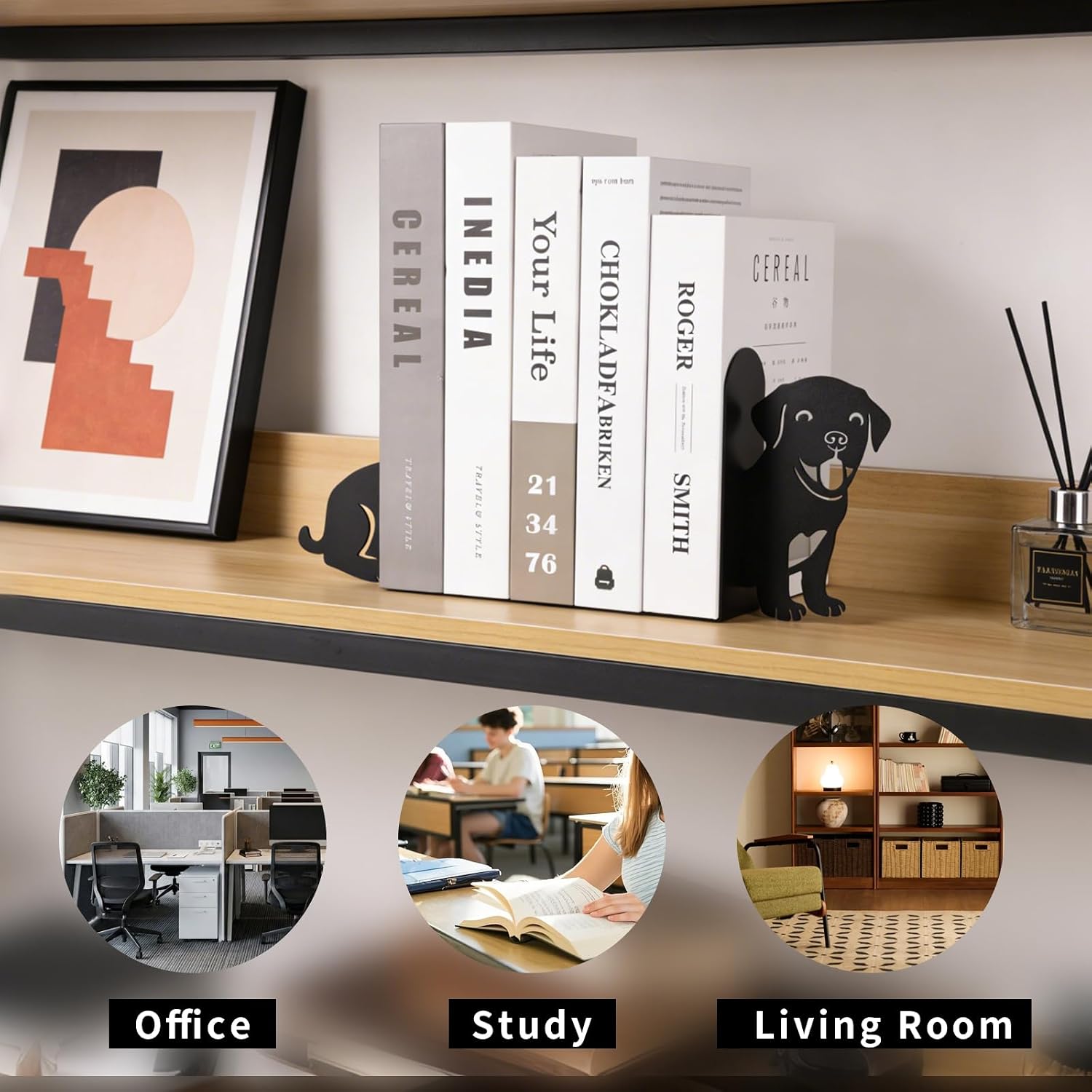 Book Ends, 1 Pair Cute Dog Metal Bookends, Creative Decorative Book Holders for Home Office Bookshelf, Dog Lovers Gifts, Library Desk Book Stopper for Shelves, Labrado