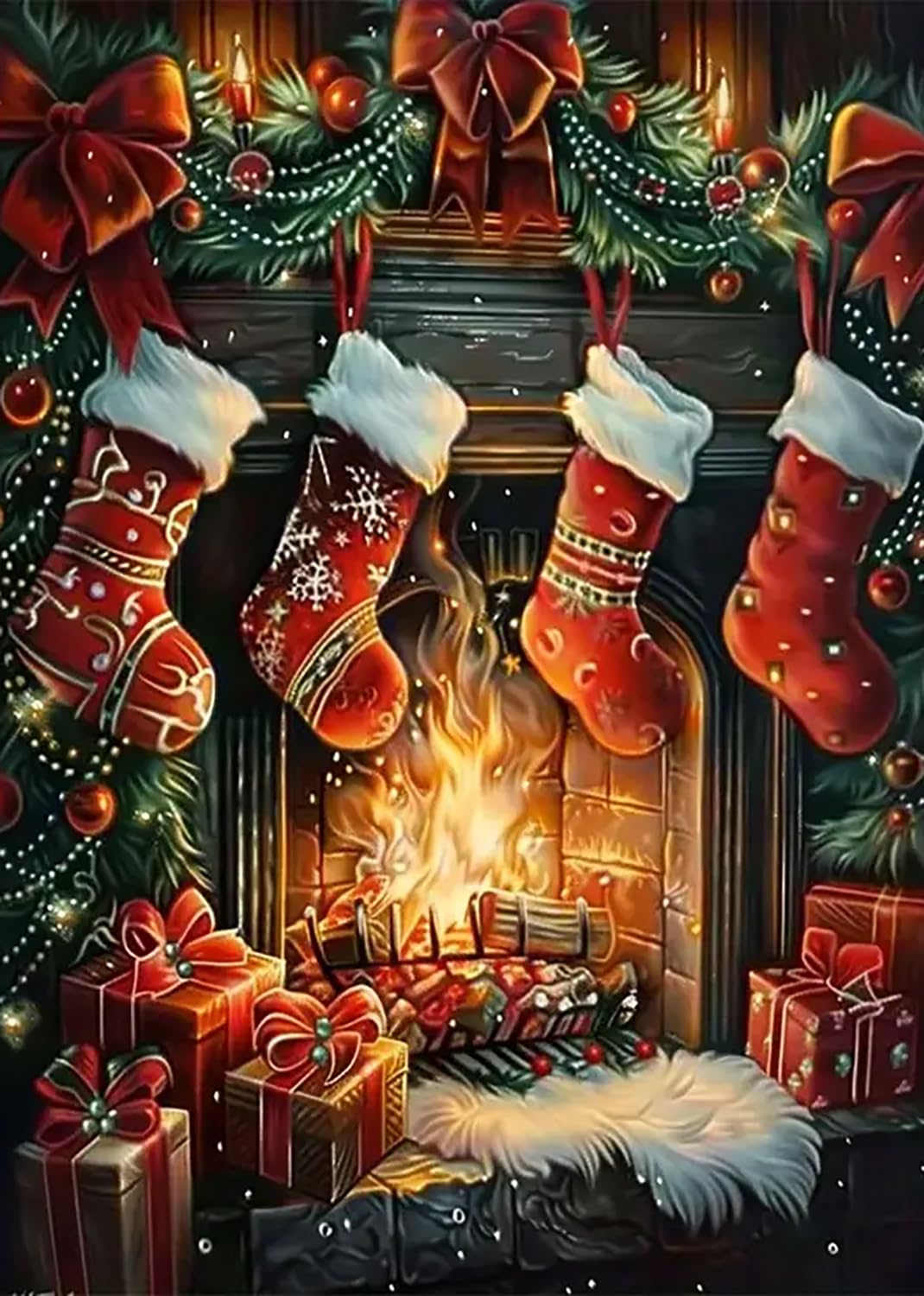 Christmas Fireplace Stocking Diamond Art Kits for Adults, 5D Diamond Painting Kits for Adults Beginners, DIY Full Round Drill Diamond Dot Painting Gem