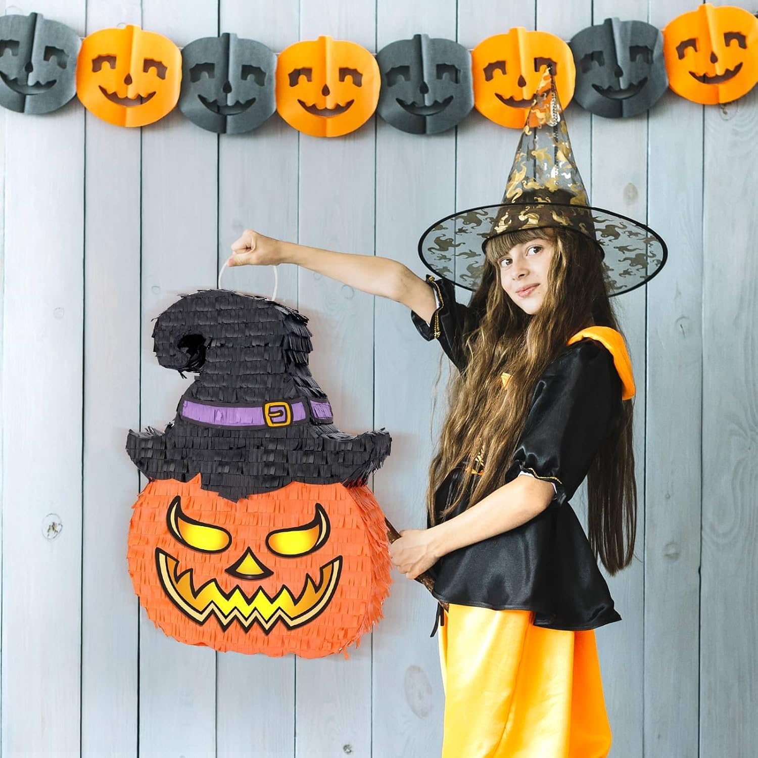 WERNNSAI Halloween Pumpkin Piñata - Wicked Pumpkin Piñata Halloween Jack O Lantern decorations for Kids Trick or Treat Costume Party Pumpkin Games with Bat Blindfold
