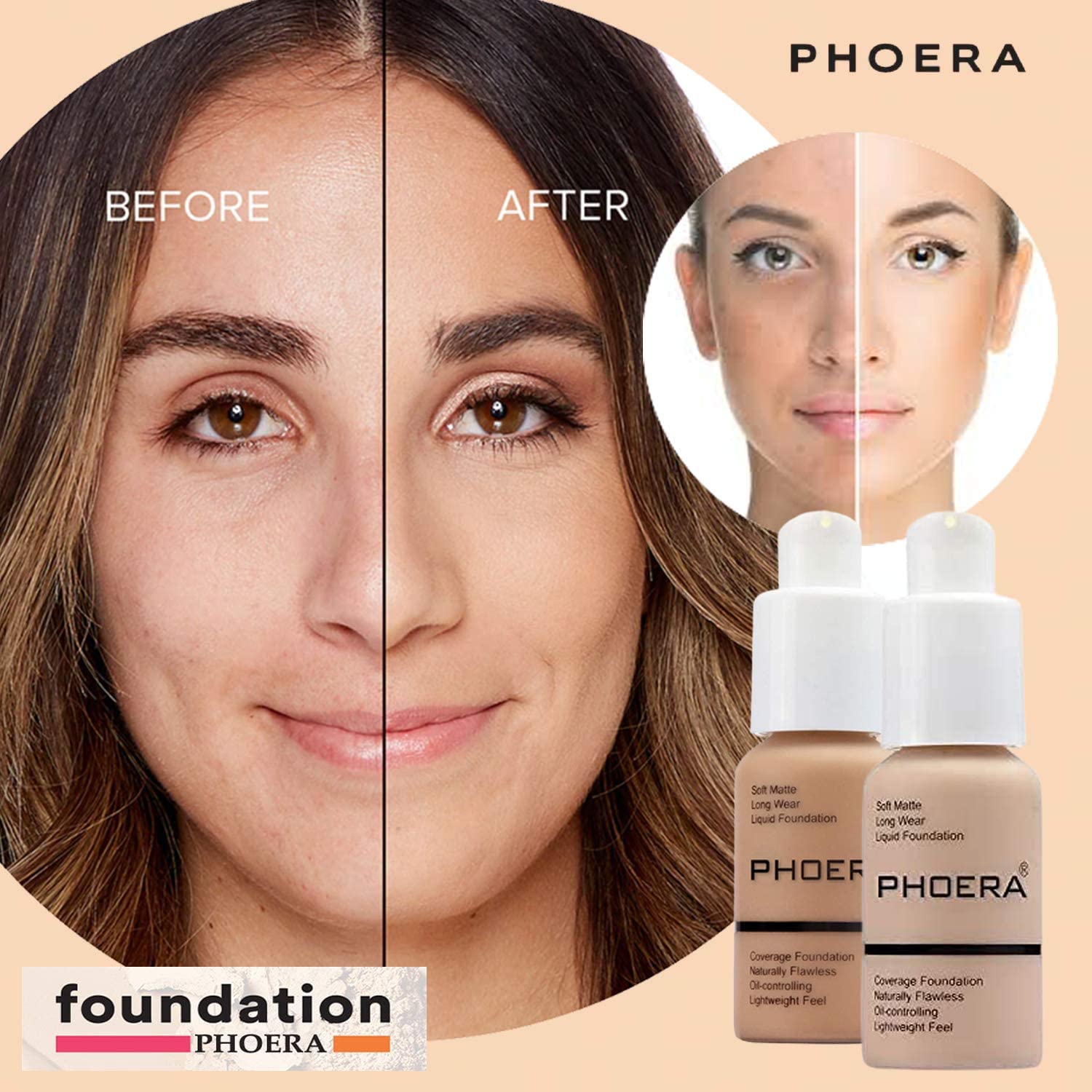 Phoera Foundation Full Coverage Make-up-Set – enthält Buff Beige & Sand 30 ml Matte Foundation, 6 ml Gesichtsprimer und flüssiger Foundation-Pinsel für einfache Anwendung