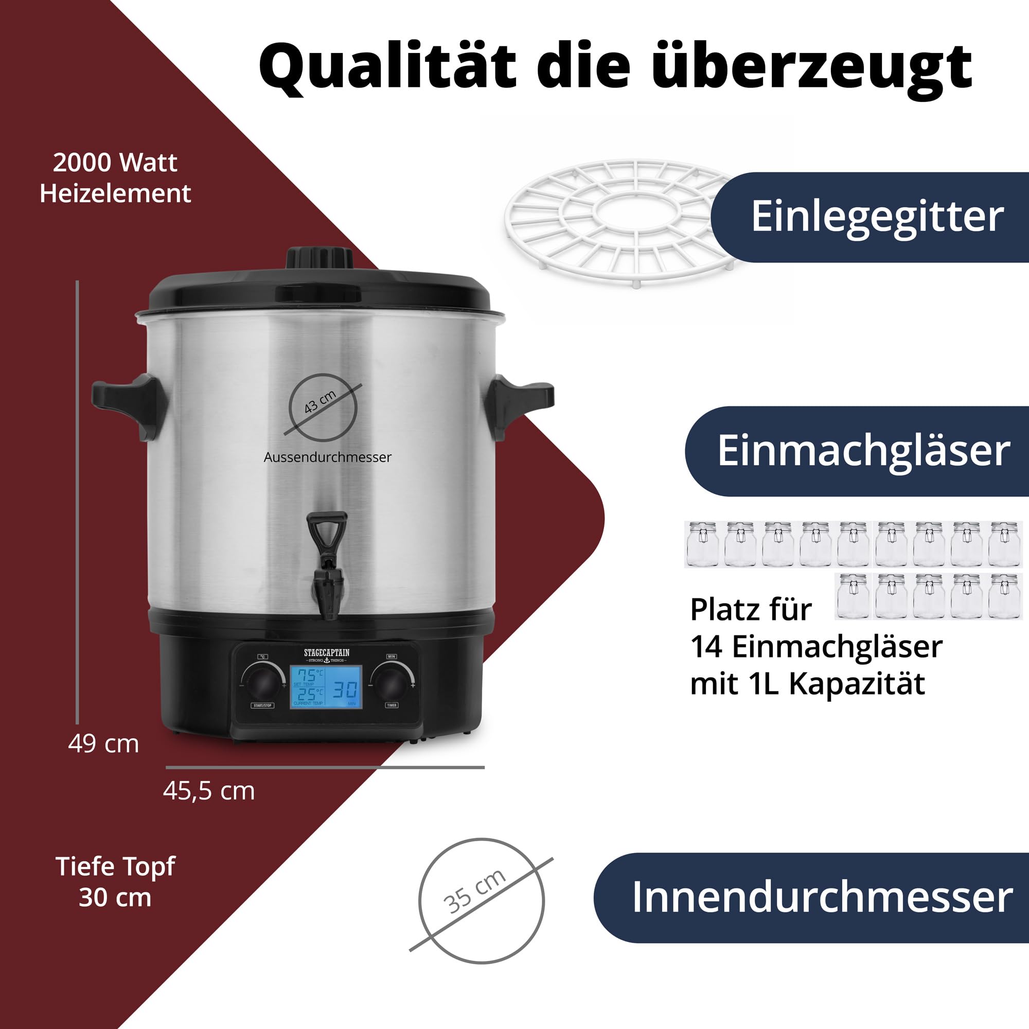 Stagecaptain GWK-27D Glühweinkocher - Digitaler Einkochautomat mit 27 Liter - LCD-Anzeige - 2000 Watt - Edelstahl - Einfache Bedienung (Temperatur und Zeitschaltuhr) - Abschaltautomatik - Silber