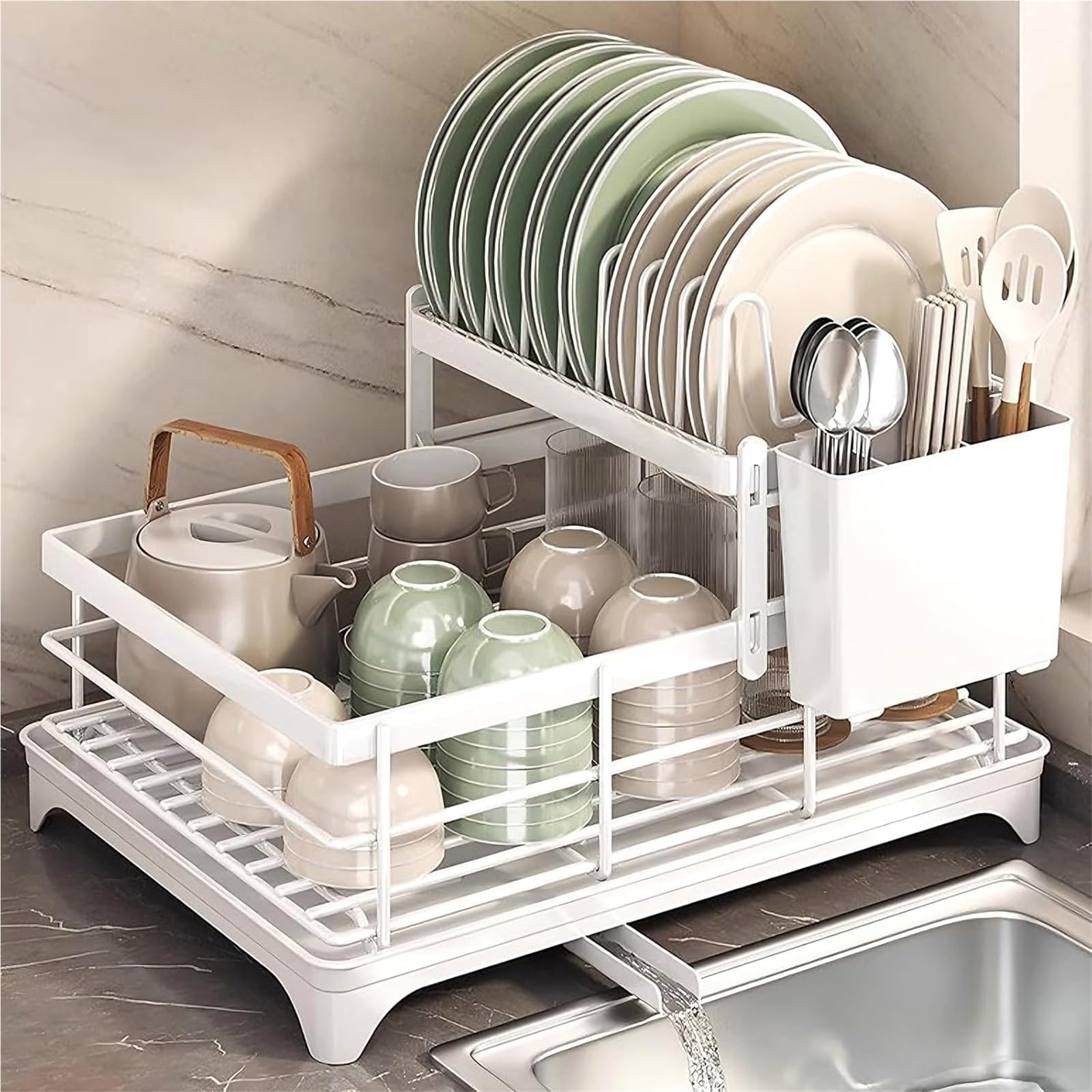 Lkvent dish drainer Dish Drying Rack Multifunctional Dish Racks for Kitchen Counter with Drainboard 2 Tier Large Capacity drying(Wei�)
