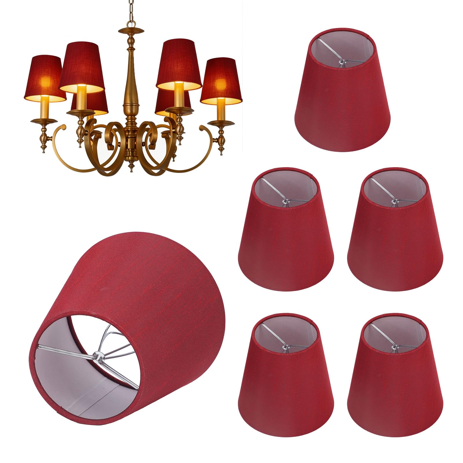6Pcs Chandelier Lamp Shades, Small Lampshades Clip On Bulb Chandelier Lamp Shades Modern Nordic Cloth Lamp Shades for E14 Bulb Light Cover (Wine Red)