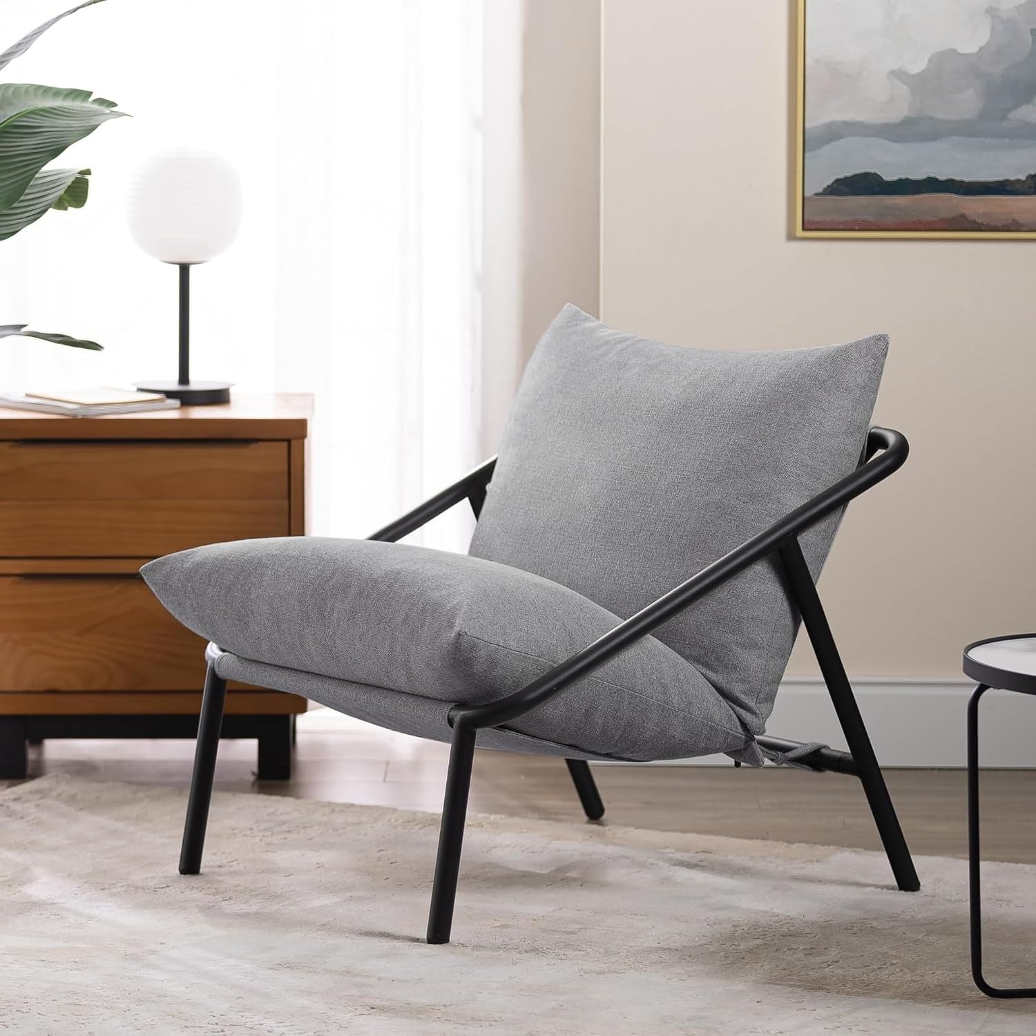 INDIAN DECOR 41461 Classic Modern Accent Chair Lounge Chair with Black Metal Steel Frame and Cushion for Living Room Bedroom, Grey Cushion-image-33