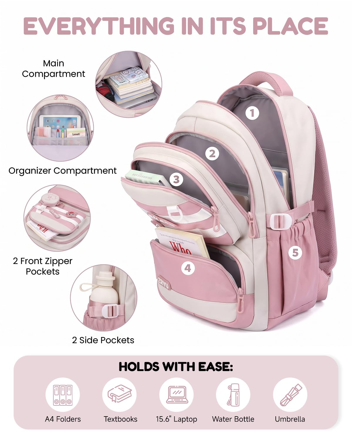Amythe Schulrucksack für Mädchen Teenager, Großer Rucksack Schule mit 15,6" Laptopfach, Leichte Wasserdichter Schultasche Mädchen 3.-9. Klasse, Lässiger Tagesrucksäcke, Rosa