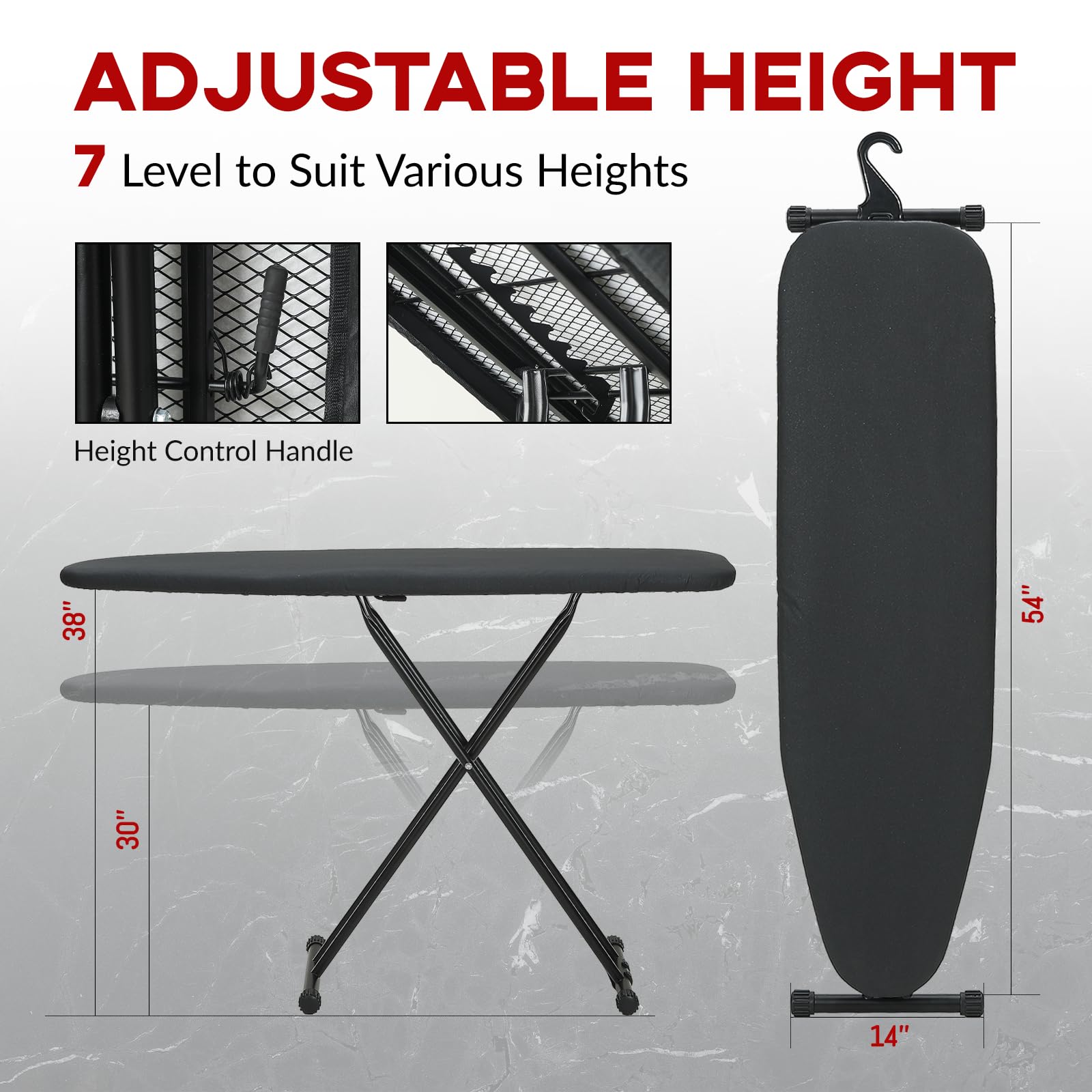 Ironing Board Full Size 53x13, RAINHOL Heavy Duty Iron Board with Thick Padded Cover, Height Adjustable Ironing Boards with Smart Hanger, Heat-Resistant Silicone Pad Iron Rest