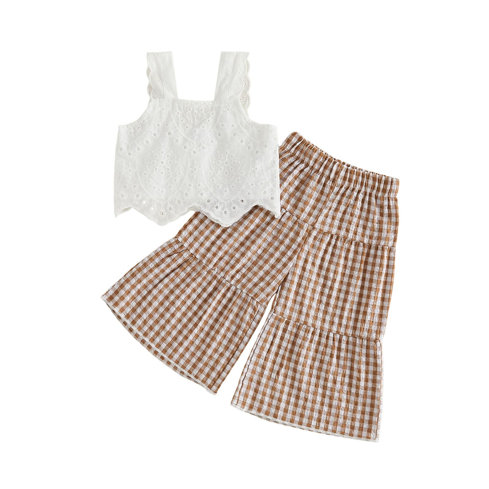Toddler Girl Summer Outfits Eyelet Embroidery Cami Tops + Plaid Print Wide Leg Pants 2 Pcs Infant Girl Clothes Set