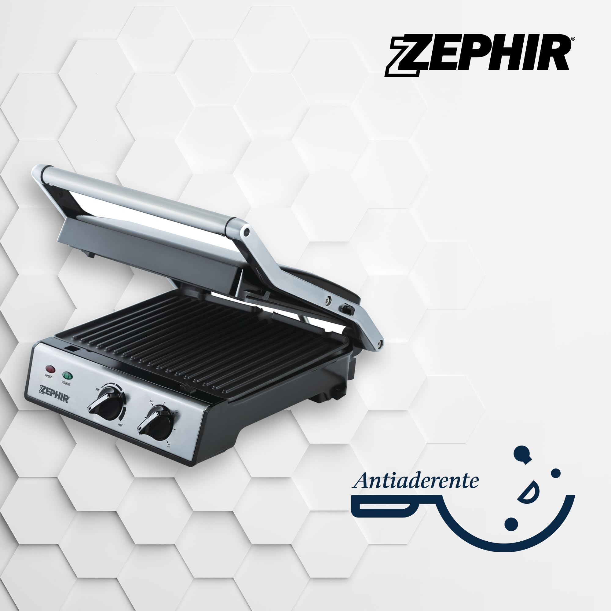 Zephir Bistecchiera Elettrica 2000W con Timer 30 Minuti, Piastre Antiaderenti Amovibili, Apertura 180°, Piastra Regolabile in Altezza, Raccolta Grassi