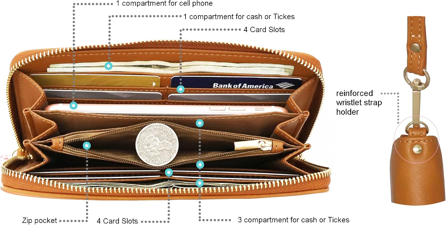B BRENTANO Vegan Leather Slim Single-Zipper Wallet with Pocket, Wristlet and Tassel Accent (Beige)