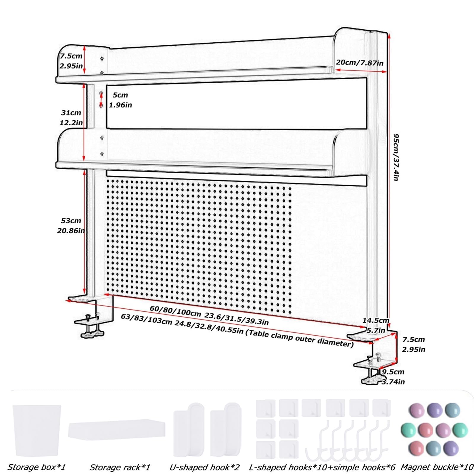 FPIGSHS Klemmbare Schreibtisch-stecktafel-Regal, 2-Ebenen Büro-Computertisch Zubehör Organizer für Büro, Gaming, Zuhause, modular aufhängbar, Klemmregal mit 20 Zubehörteilen， Schwarz (Weiß, 60cm)