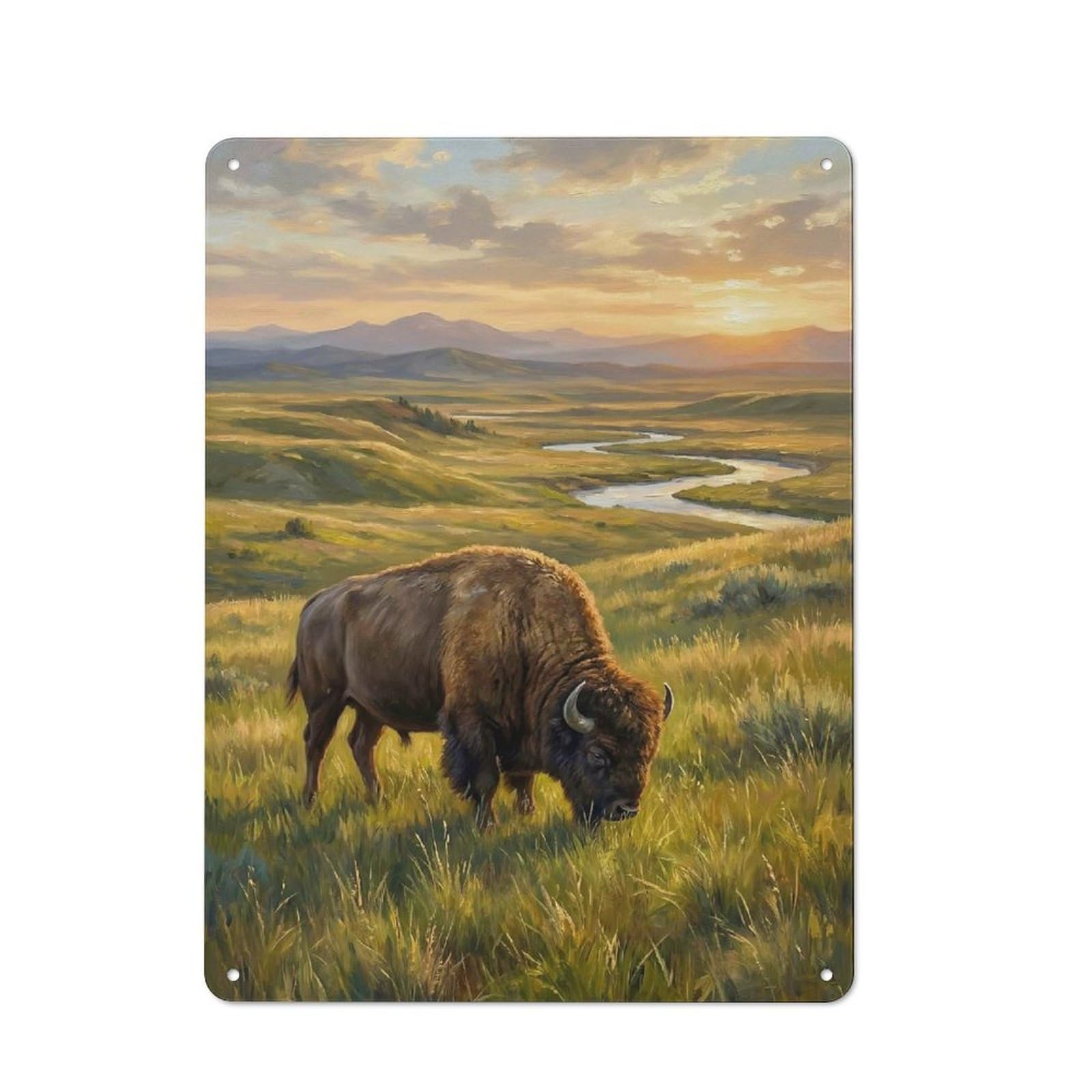 Workshop Style Bison Grazing at Sunset Painting Tin Sign 40x30cm, Industrial Wall Art for Garage, Hobby Room, Office Or Man Cave