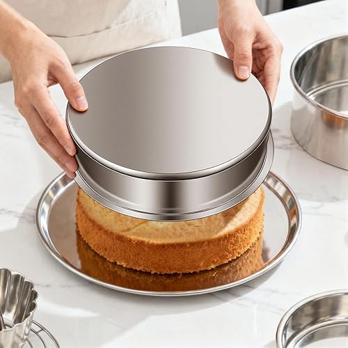 Miniatura 3 de Ohtomber Molde para pasteles de 8 pulgadas, juego de 4 moldes de acero inoxidable para hornear pasteles, latas, juego de hornear apilables,