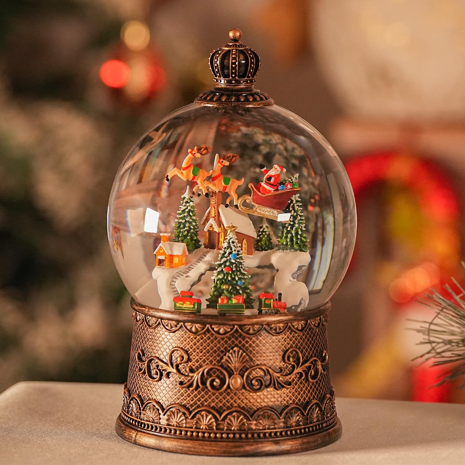Boule à neige de Noël avec élan, boules à neige lumineuses avec minuterie, lanterne musicale scintillante pour décoration (élan du train de neige)