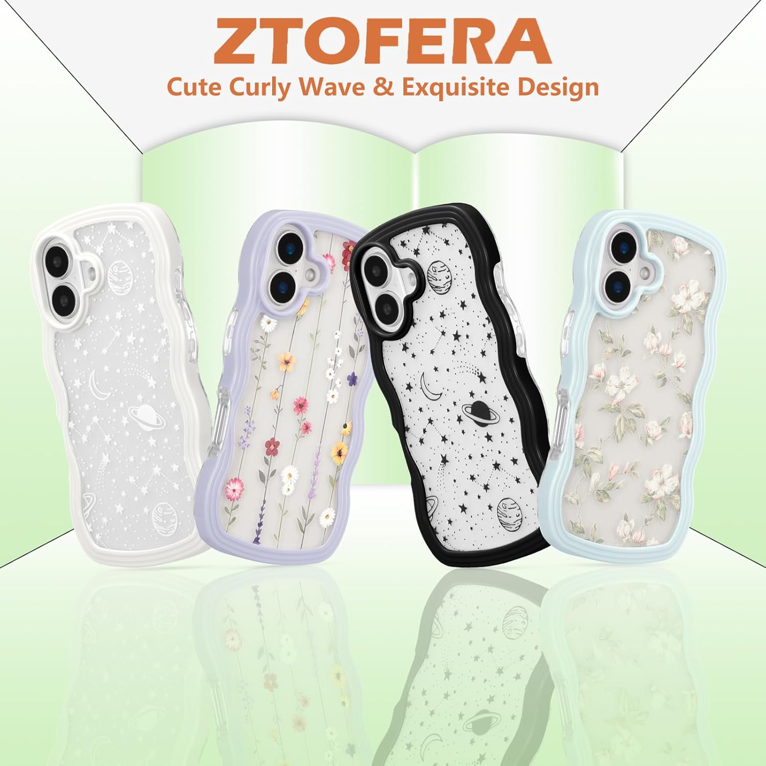 ZTOFERA Floral Case for iPhone 16 6.1 inch,Cute Curly Wave Frame Shape Case with Green Leaf Flower Pattern for Women Girls, Clear Slim Shockproof Phone Cover for iPhone 16, Green - Image 5