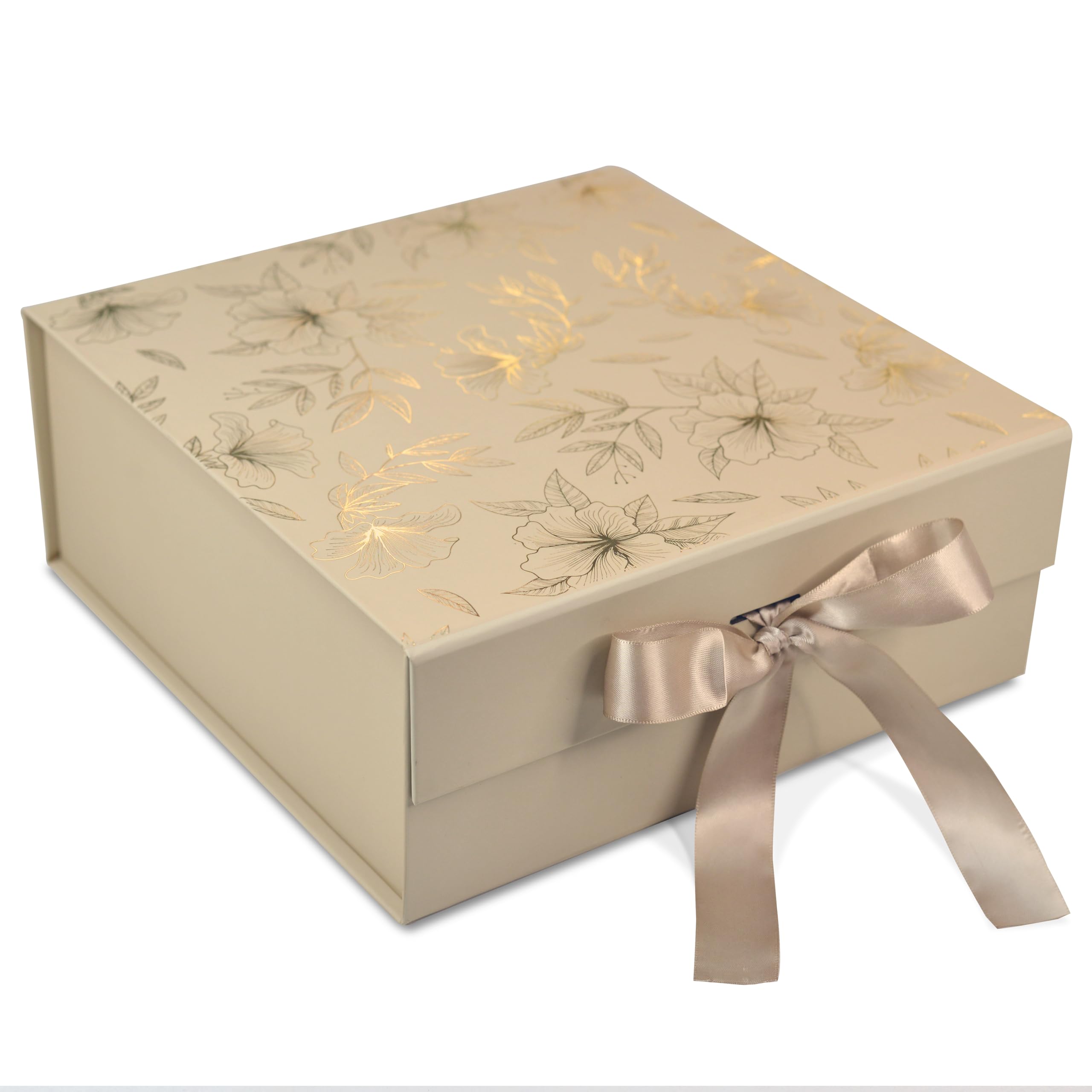 RBS®- MEDIUM Gift Box for Packaging 26 x 26 x 10 cm, Decorative Gift Packing Box with Floral Foil Design (1 Pack), Holds Up to 8 kg, Ideal for Gift Hampers and All Occasions (Medium Beige Gold)