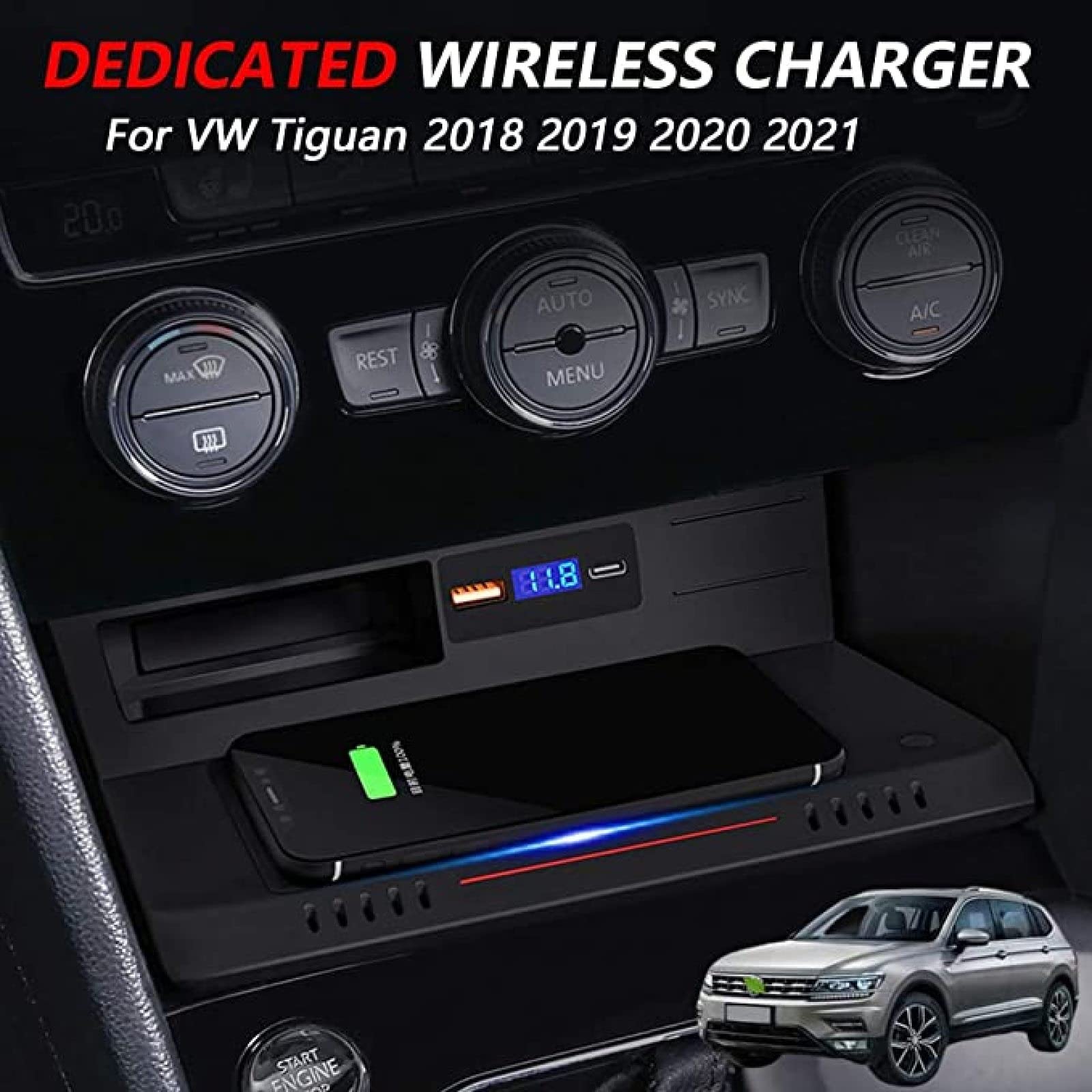 Cargador de coche inalámbrico Qi rápido de 15 W [sentido electromagnético] almohadilla de carga inalámbrica para VW TI-GUAN 2018 2019 2020 2021 Panel de accesorios de consola central con USB QC3.