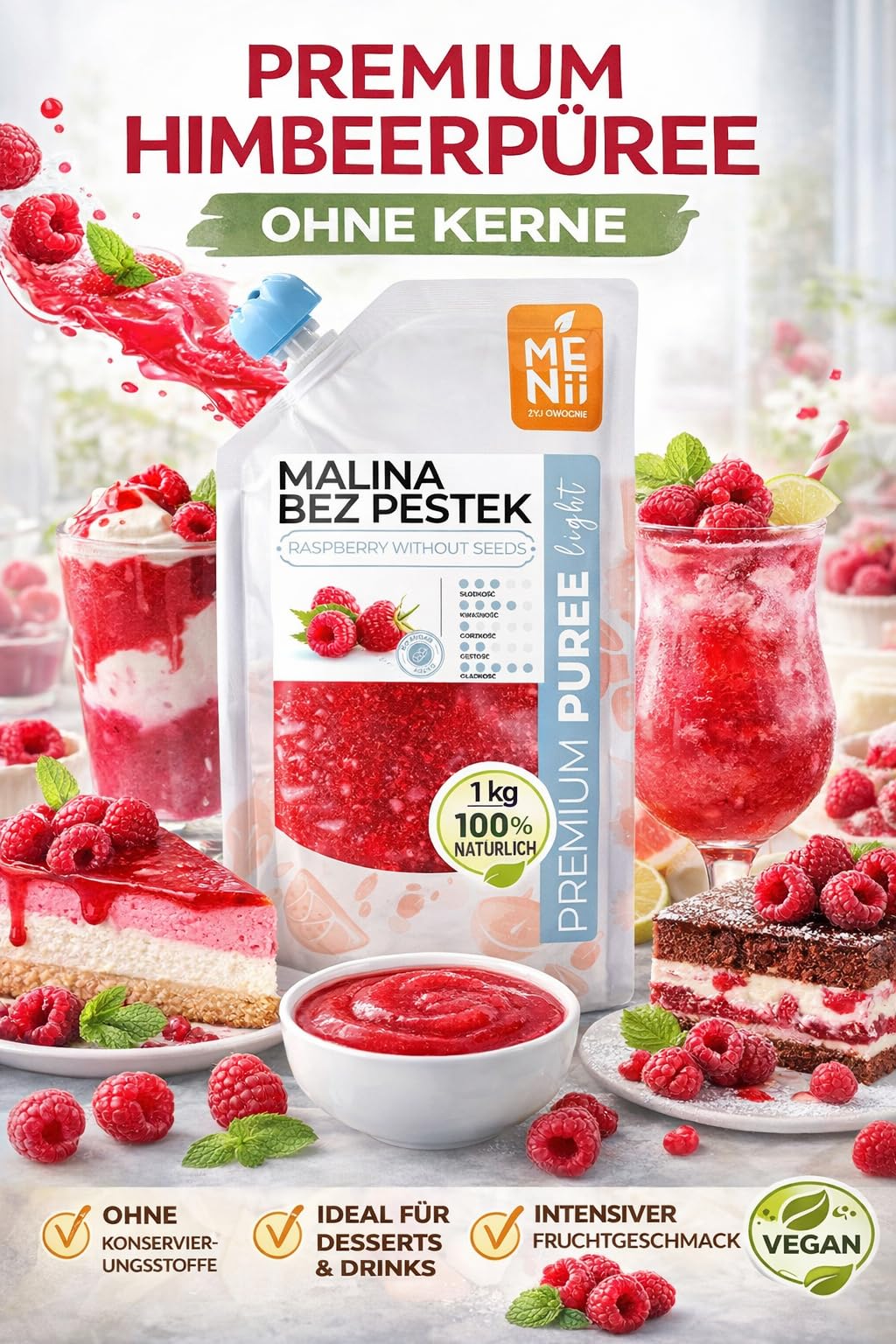 Puré de Frambuesa Premium, 1 kg, Sorbete, Postre, Frambuesa - Puré de Frutas, Pulpa
