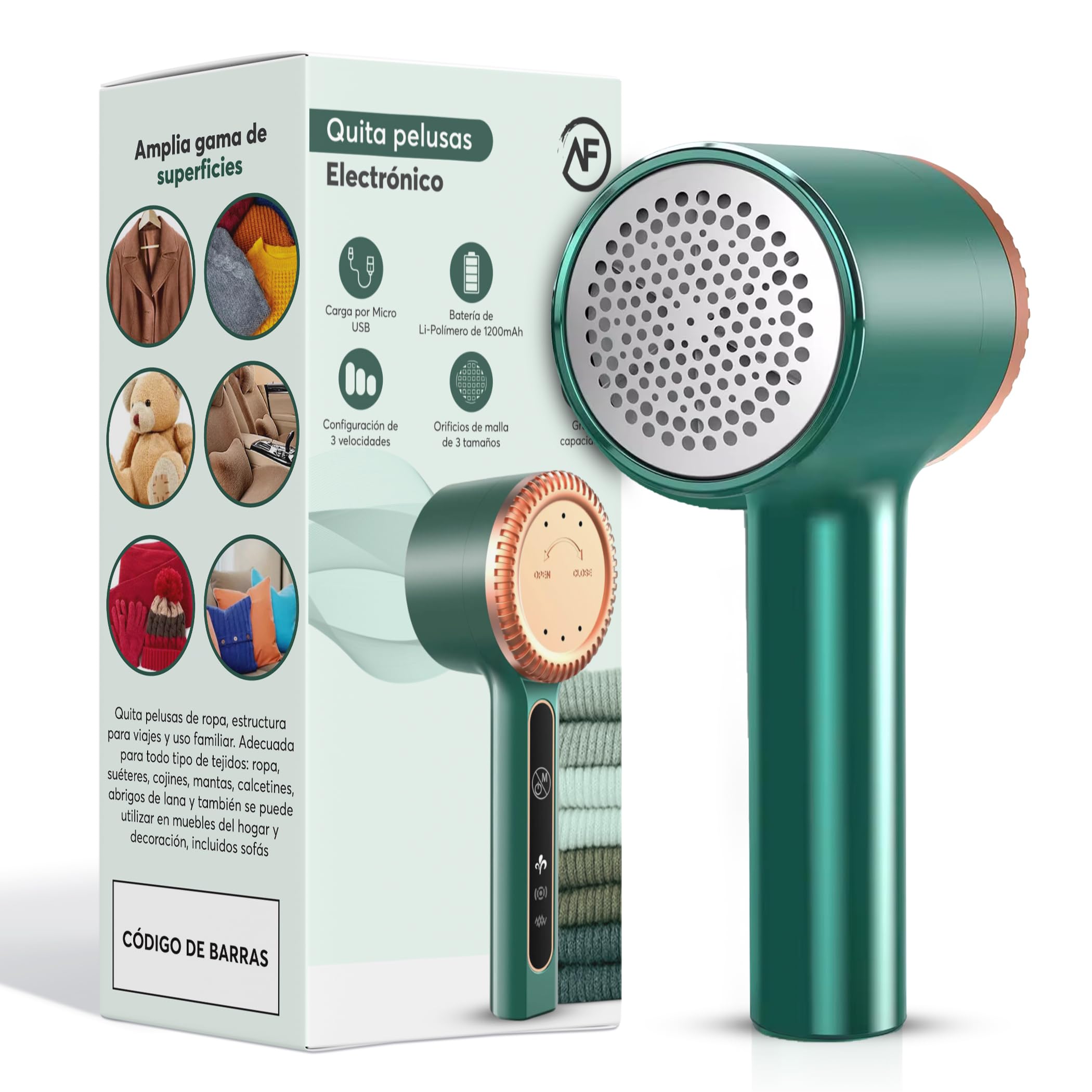 AF Pro© Quitapelusas Electrico De Ropa Recargable | 3 Velocidades Cuchilla De 6 Hojas | 3 Tamaños De Agujero | Pantalla Led | Quita Bolas Afeitadora De La Ropa Pelusa, Qp0001