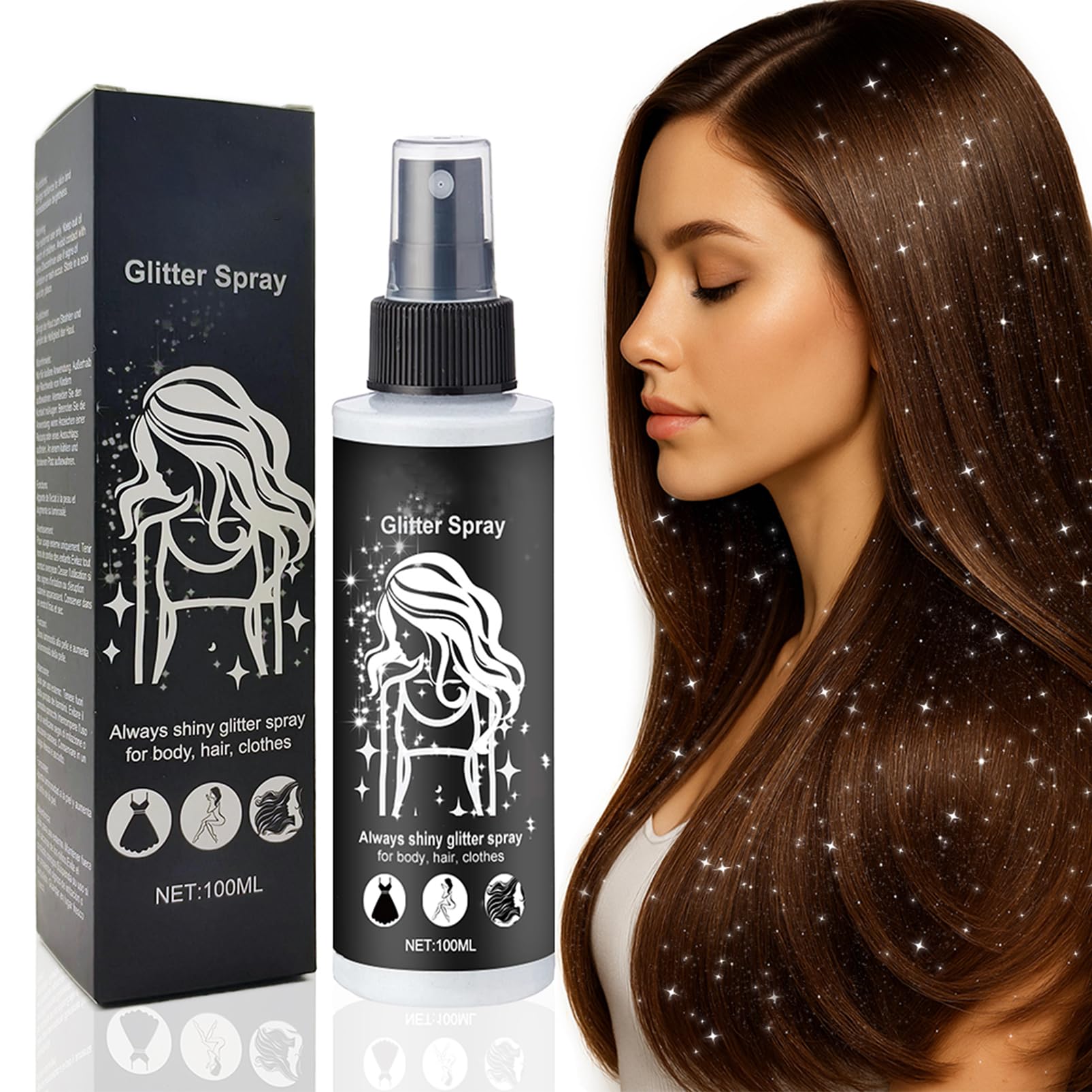 Spray glitter, spray glitter argento per capelli e corpo, spray glitter per capelli e vestiti, spray glitter per il corpo con nebbia ultrafine, accessori per festival ad asciugatura rapida Halloween