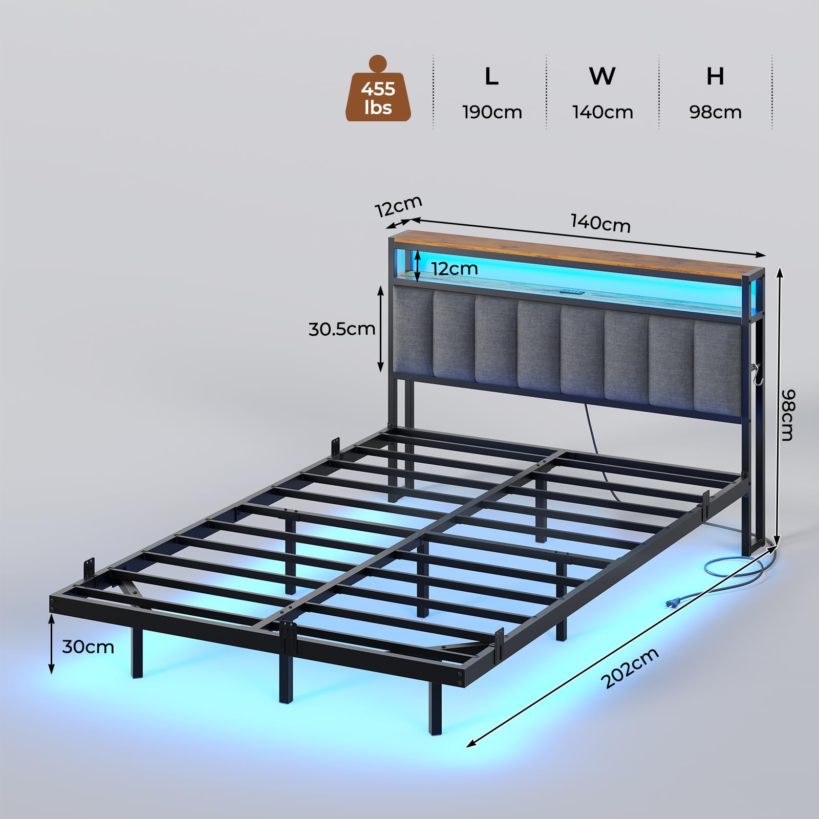 AOGLLATI Cadre de Lit 140x190 avec Multiprise et Éclairage LED, Lit 2 Personnes Flottant avec Tête de Lit Rangement, Sommier en Métal, Structure Stable, Lin Gris Foncé(sans Matelas)
