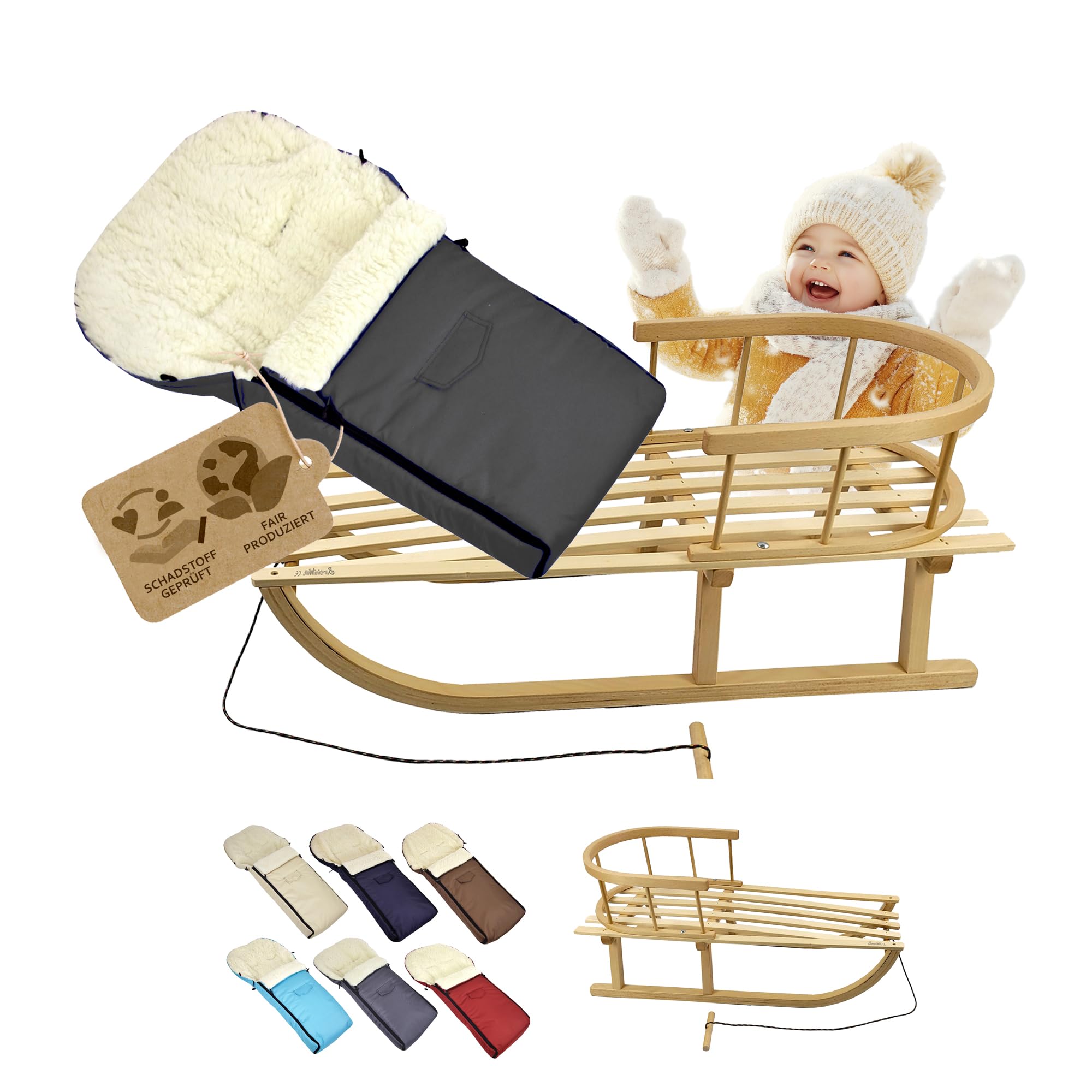 BambiniWelt Holzschlitten mit Rückenlehne & Zugseil + Winterfußsack 90 cm – warme Lammwolle, wasserabweisend – Kombi-Set für Kinderwagen & Buggy