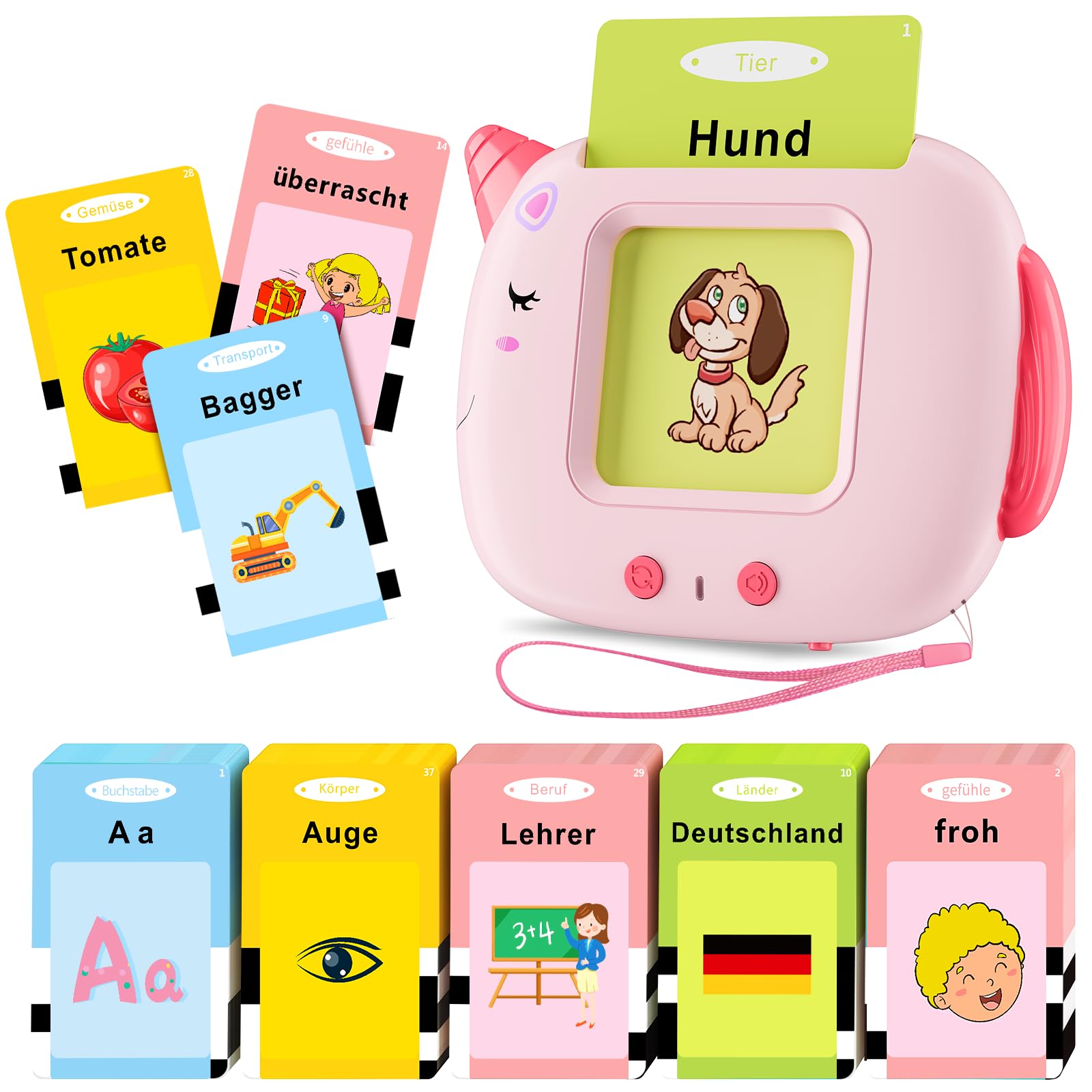 Talking Flash Cards, 420 Words Early Educational Toy, Preschool Learning Machine with English for 2-6 Year Old kids, Montessori Toys for Toddlers, Interactive Gift for Boys Girls (German-Pink)