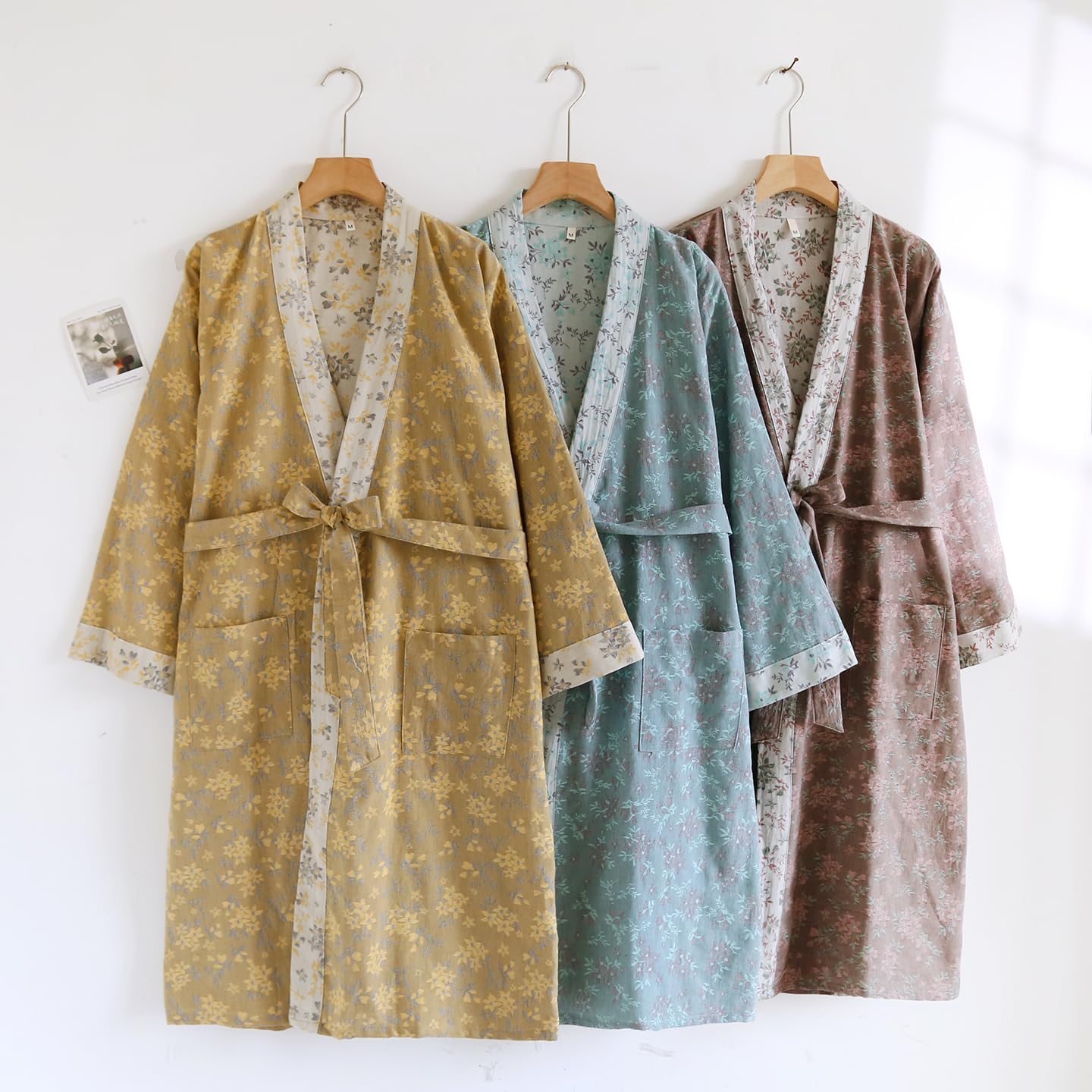 PRINCESS BRIDE Yarn-dyed Cotton Jacquard Elegant Kimono Robe Traditional Loose Yukata Bathrobe Mid-Length Loungewear for Women 165/88A/L(Yellow) - Image 2