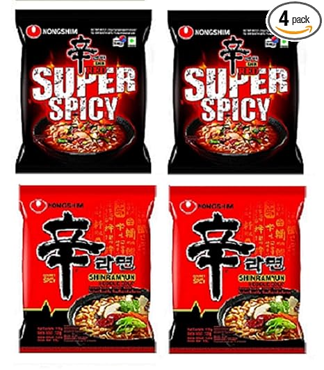 Nongshim Shin Ramyun & Red Super Spicy Noodles 120 grams*4Pack (Pack of 4) (Imported)