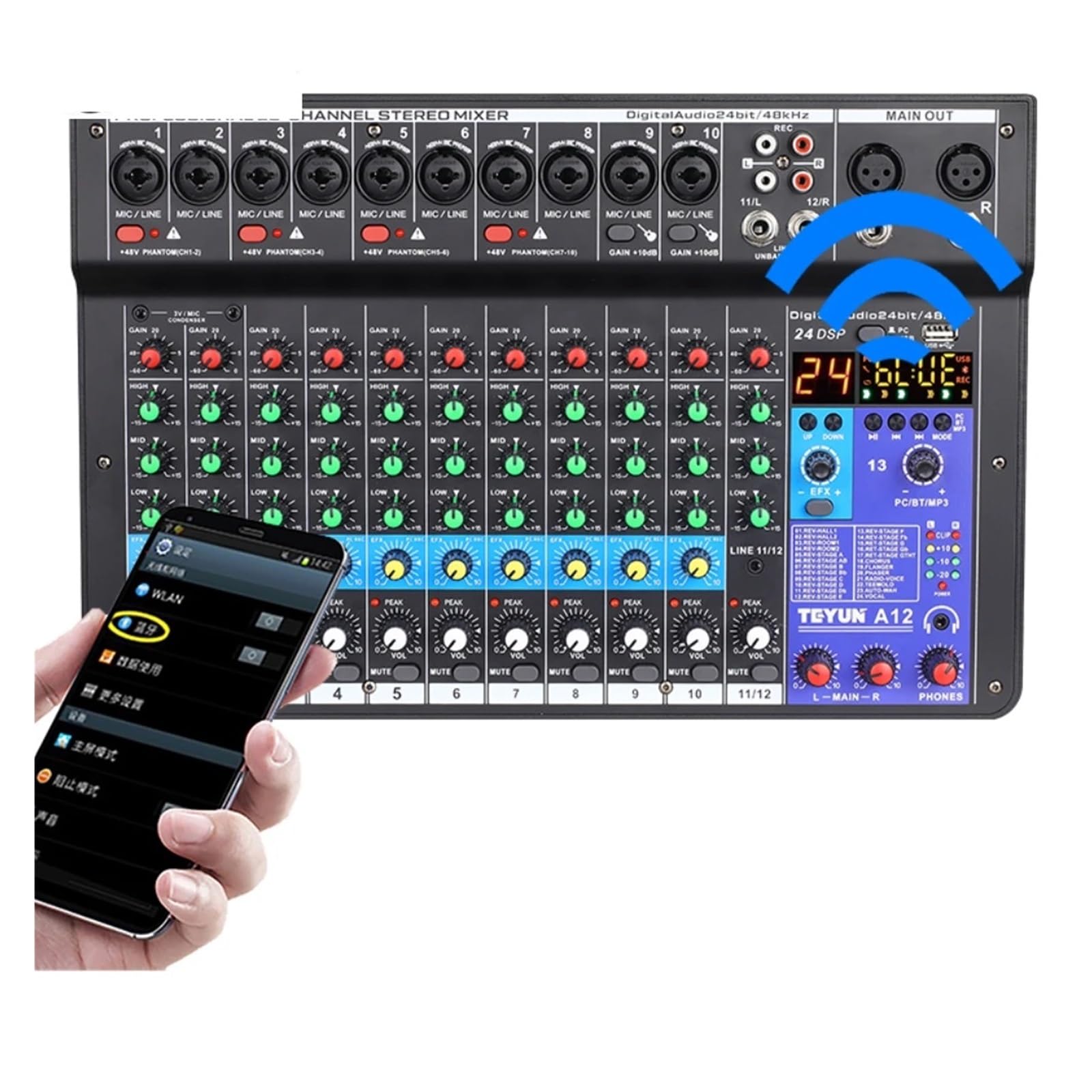 Mixer per DJ, Mixer A12 canali Mixer Portatile Professionale Scheda da Tavolo MP3 Digitale Ingresso Computer 48v Numero di Alimentazione A6 A8