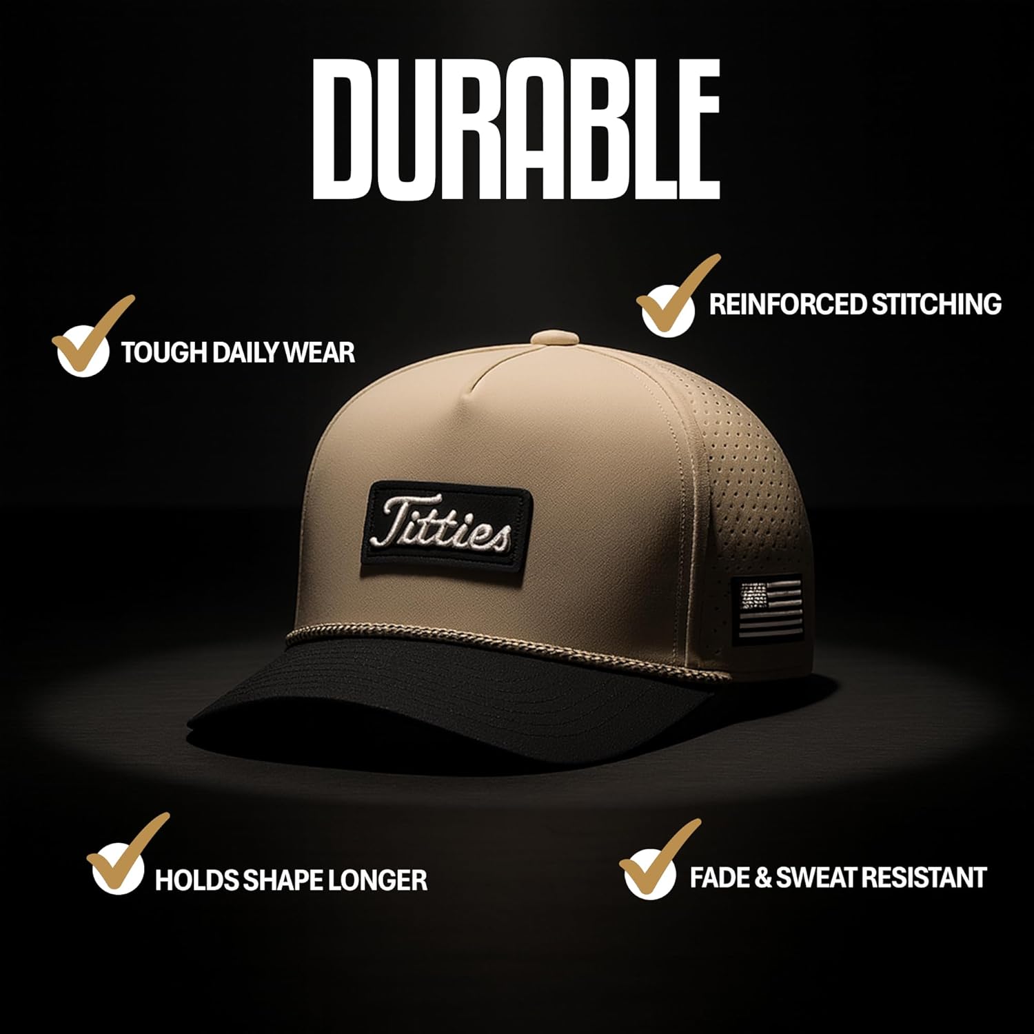 Curves & Clubs Titties Golf Hat – Tan Funny Golf Hat for Men, American Flag Patch, Adjustable Snapback, Breathable Mesh, One Size Fits All