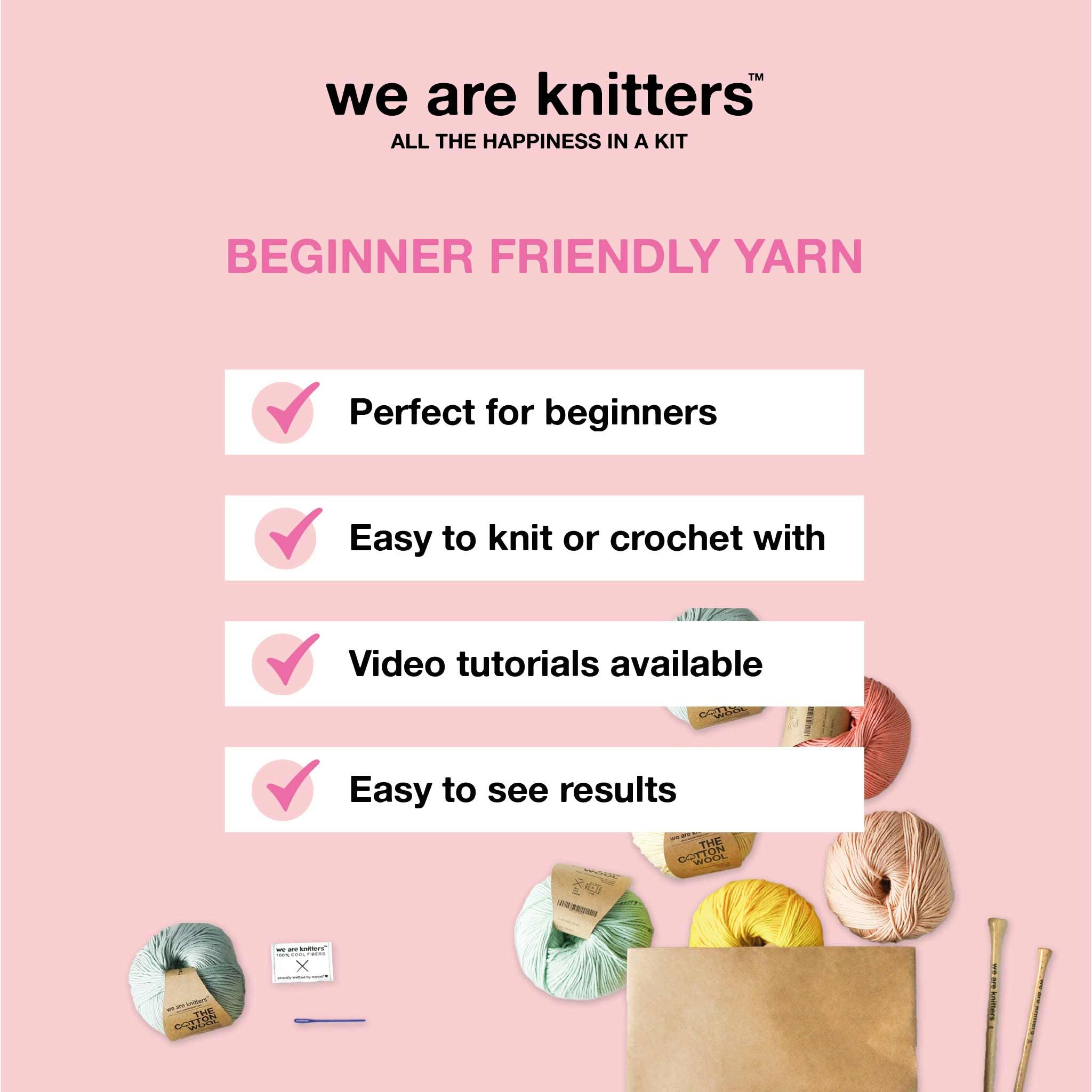 We Are Knitters Stichproben-Strickset, Anfängerfreundliches Strick-Starter-Set mit Baumwollgarn, lernen Sie wichtige Stiche und machen Sie Ihren ersten Schlauchschal